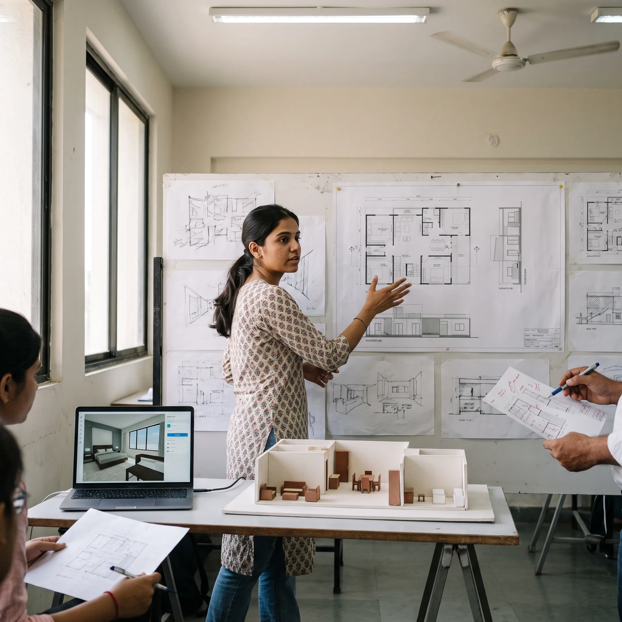 Interior design student presenting a detailed studio project