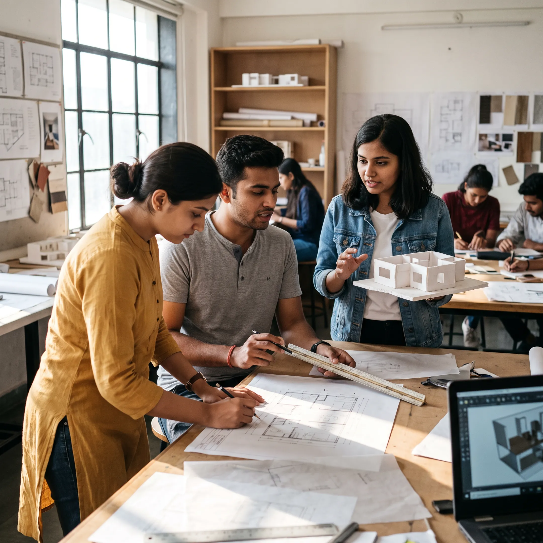 Interior design students developing residential space concepts in a studio
