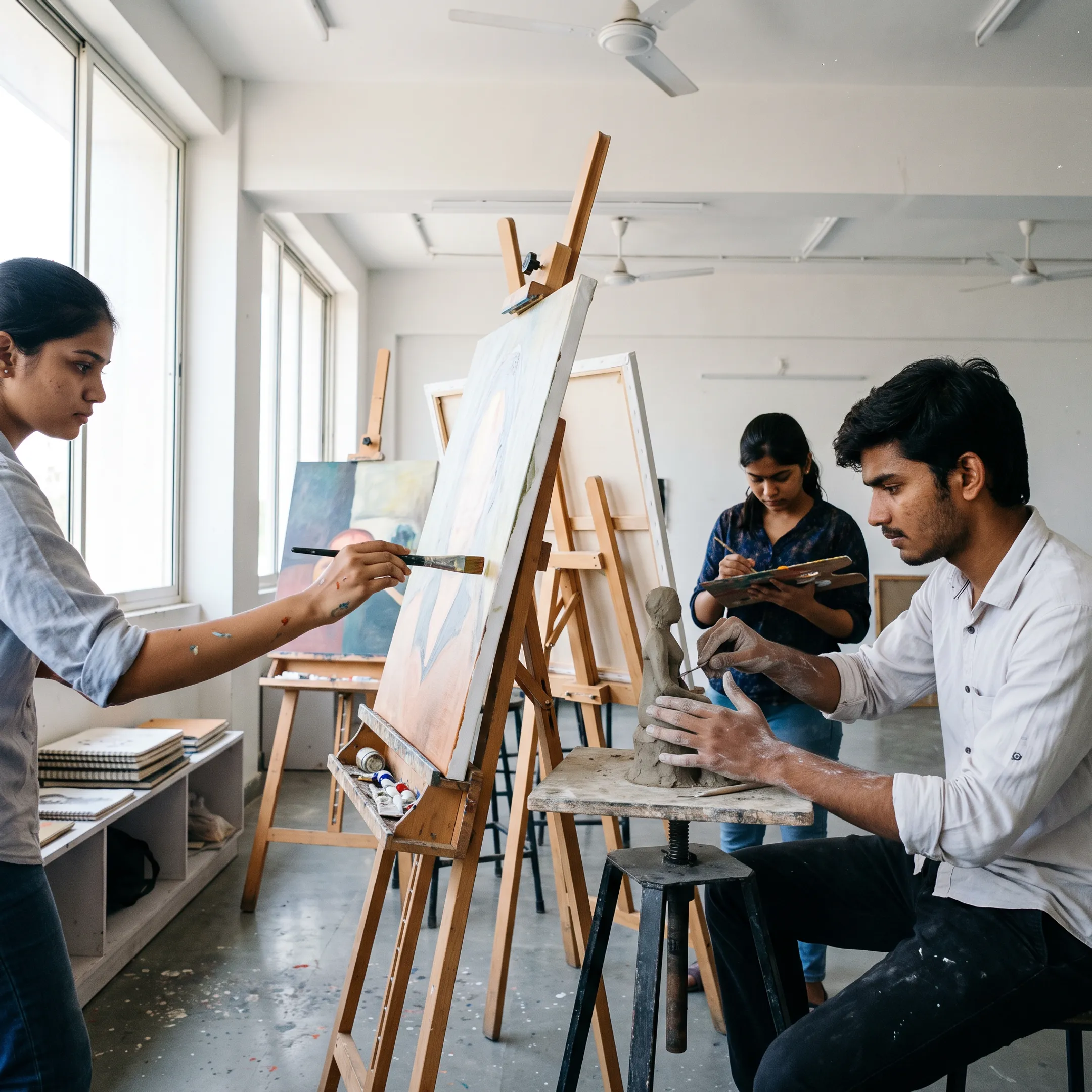 Fine arts students painting and sculpting in a college studio