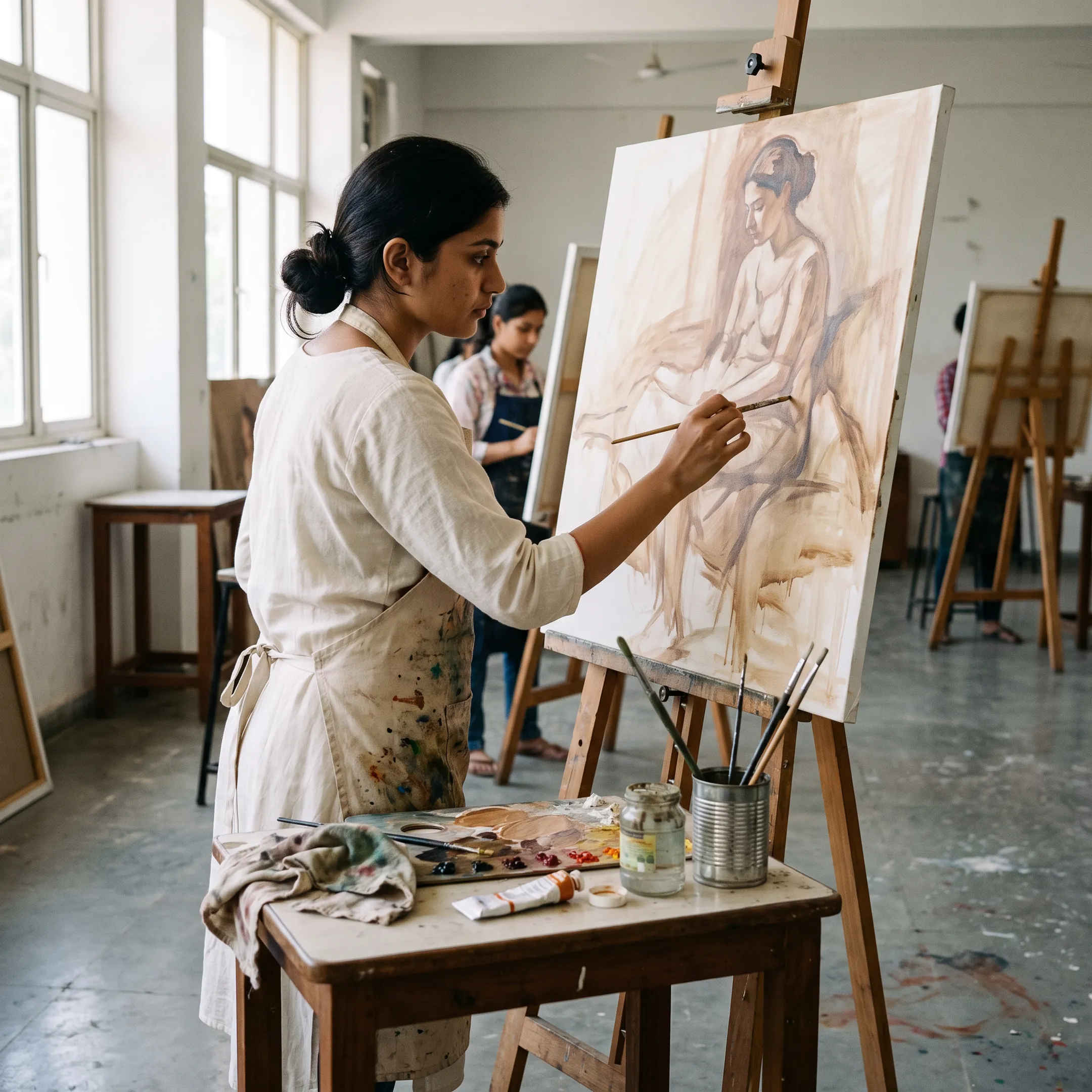 BFA fine arts student working on a painting in a college studio