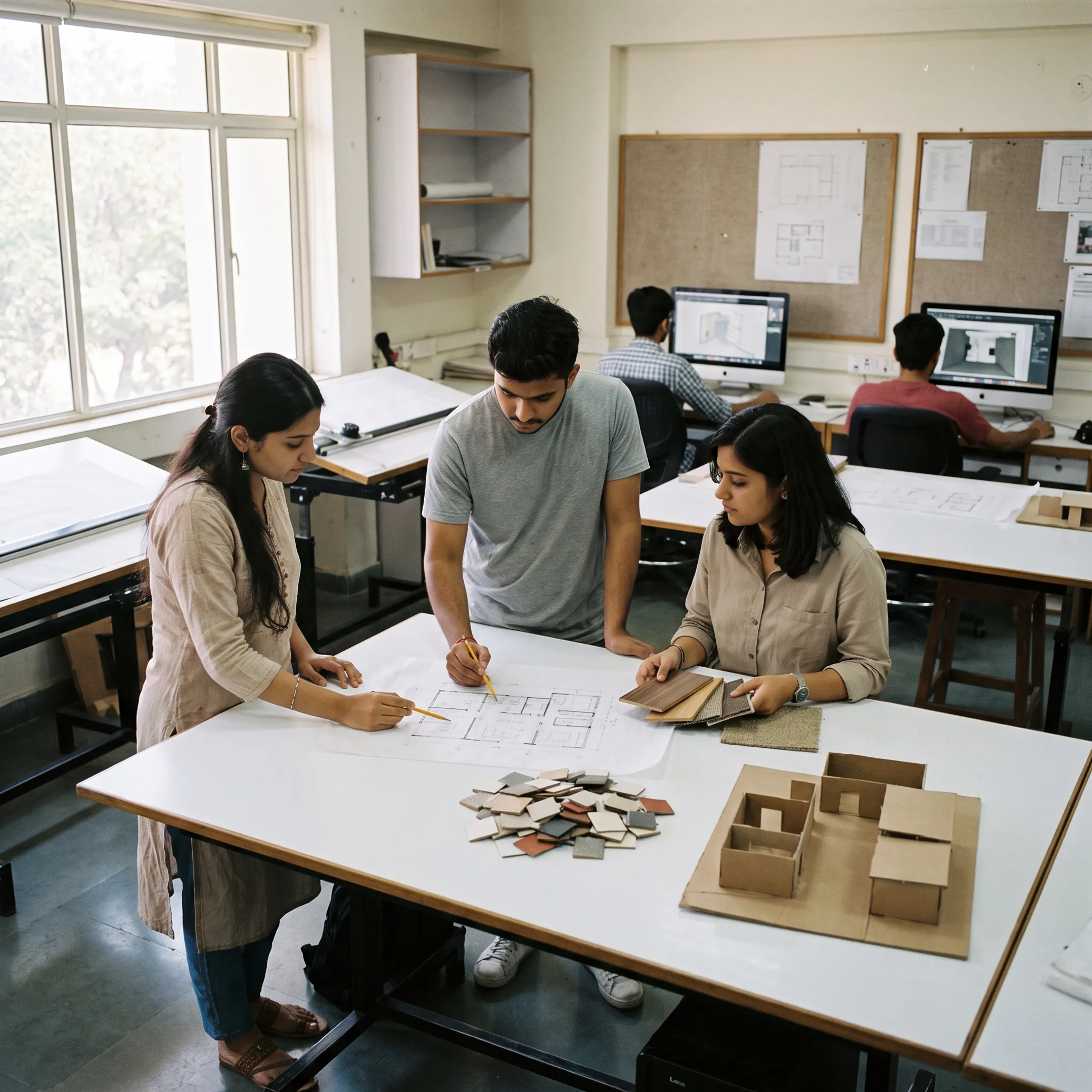 Interior design students developing plans and 3D models in a college studio