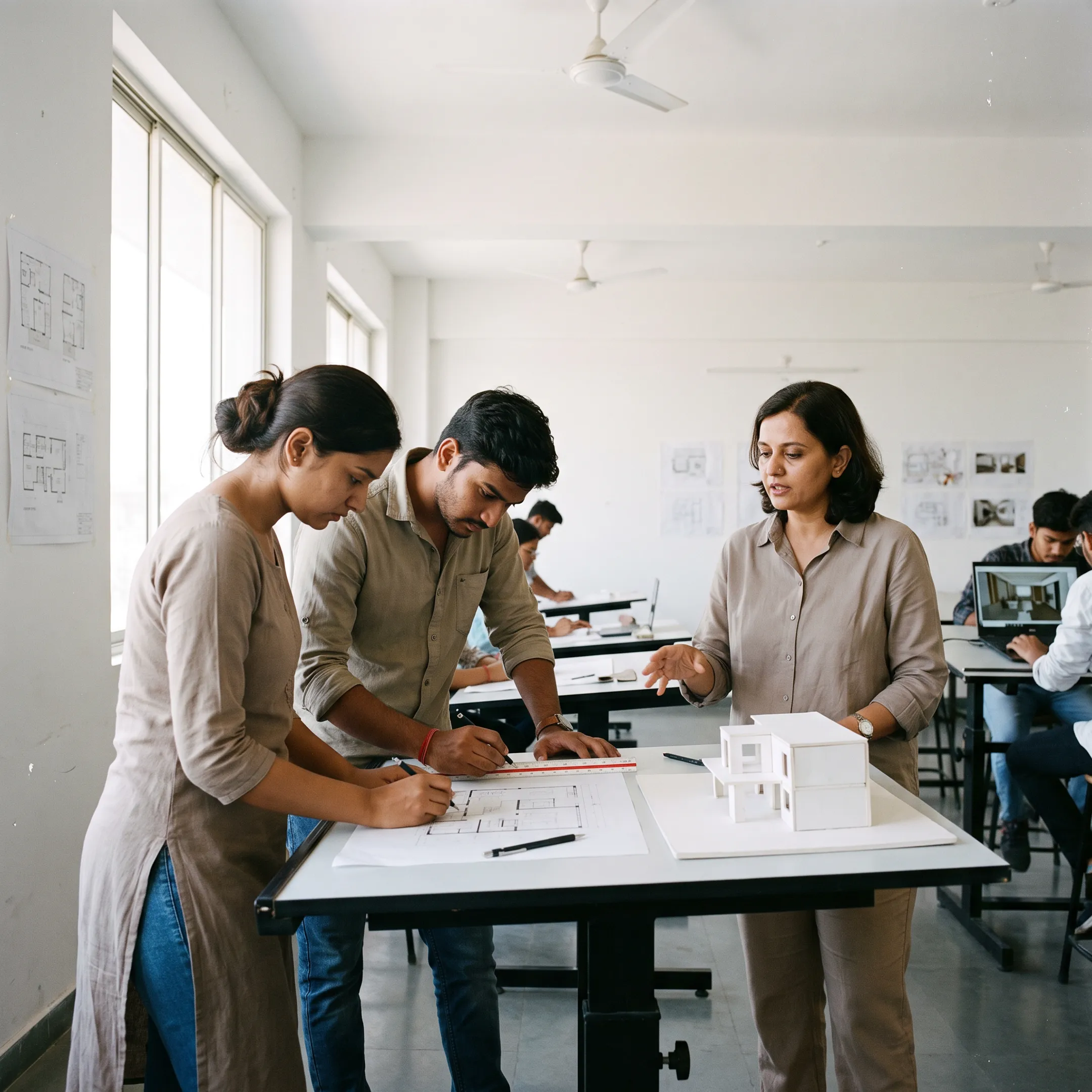 Interior design students developing plans and 3D models in a college studio