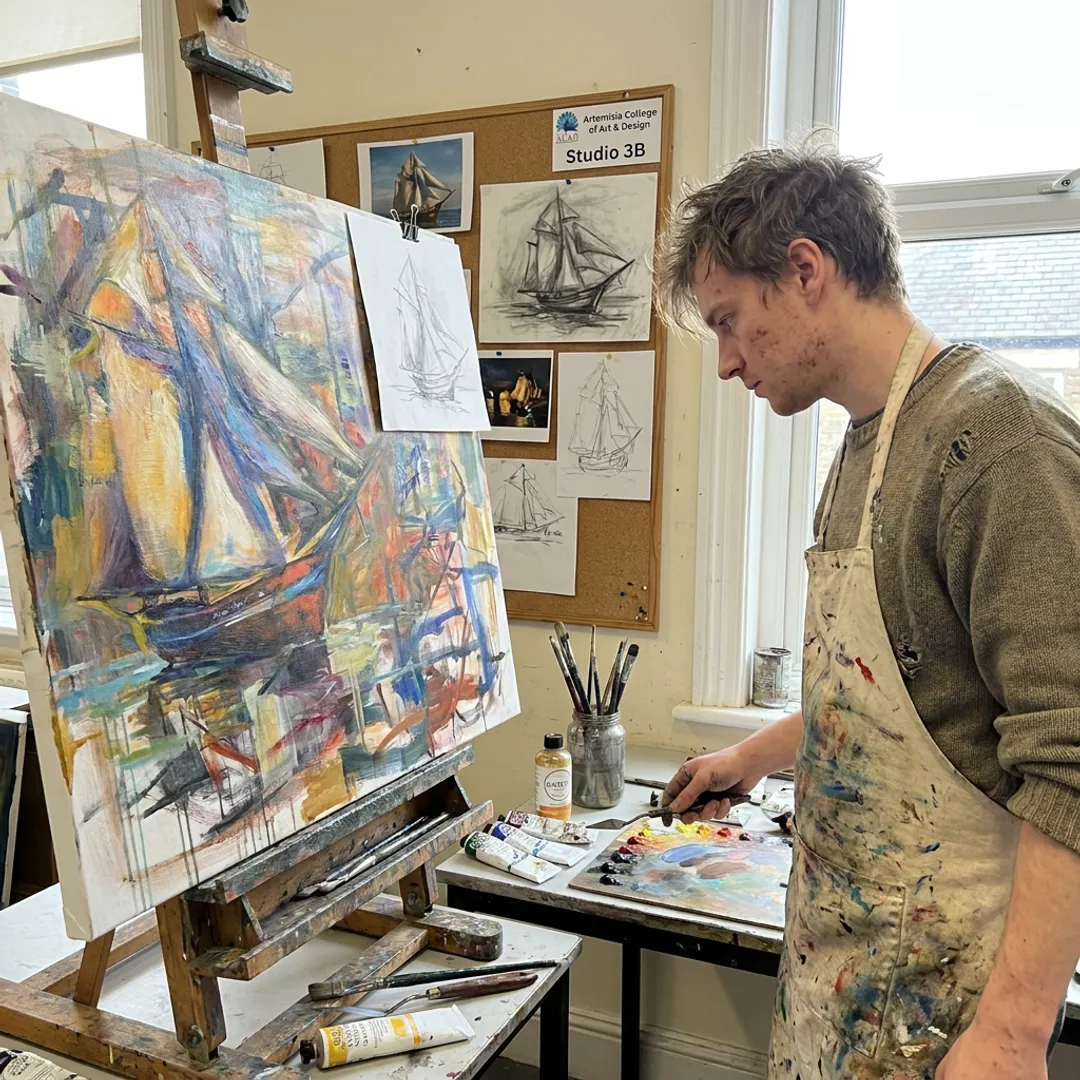 Artist developing a conceptual painting in a postgraduate studio