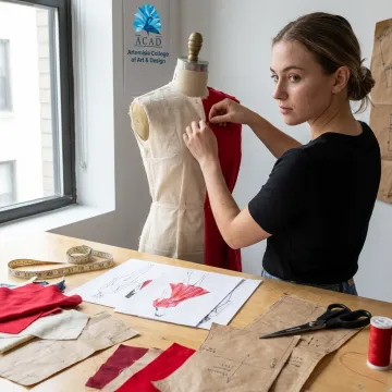 Student developing a fashion collection on a dress form