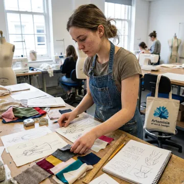 Student developing fashion illustrations and fabric samples