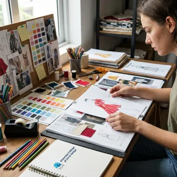 Student creating a visual design portfolio