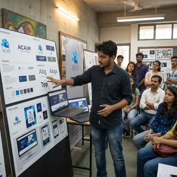 Student presenting a graphic design portfolio