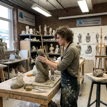 Student shaping a clay sculpture in a studio
