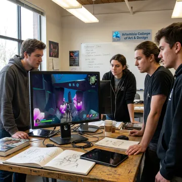 Game development students reviewing a playable prototype