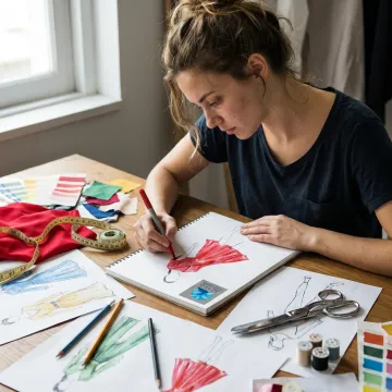 Student sketching a fashion collection beside fabric samples