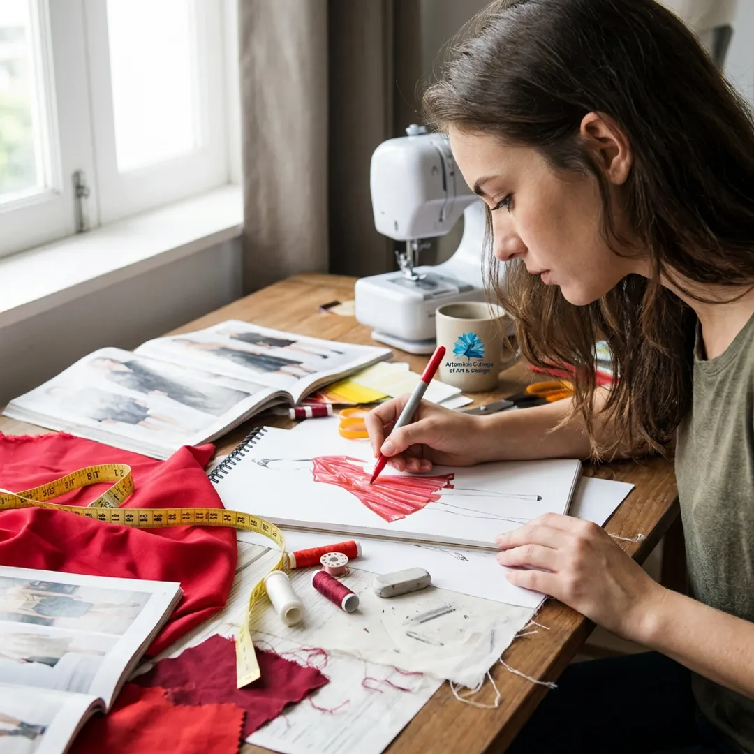 Fashion design student creating a garment sketch