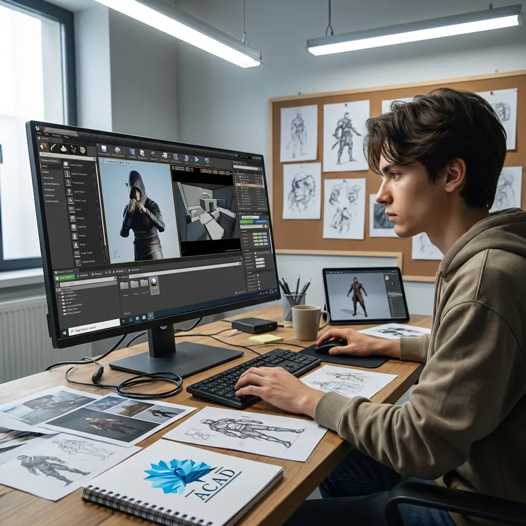Student creating a 3D game environment