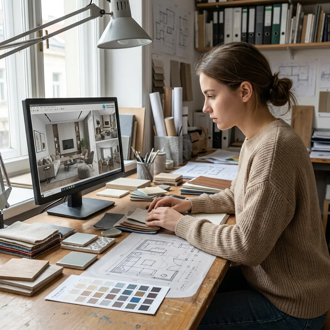 Student creating an interior design presentation