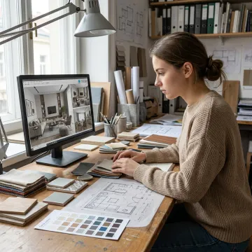 Student creating an interior design presentation
