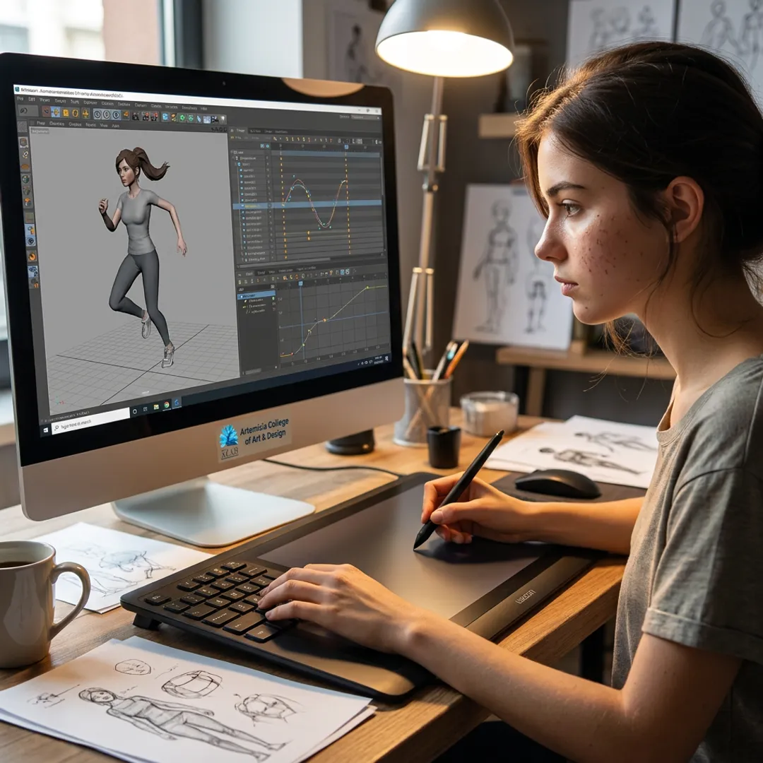 Student creating a 3D character animation