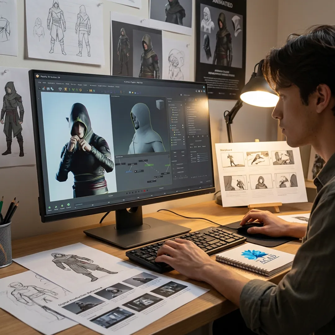 3D animation student working in a studio