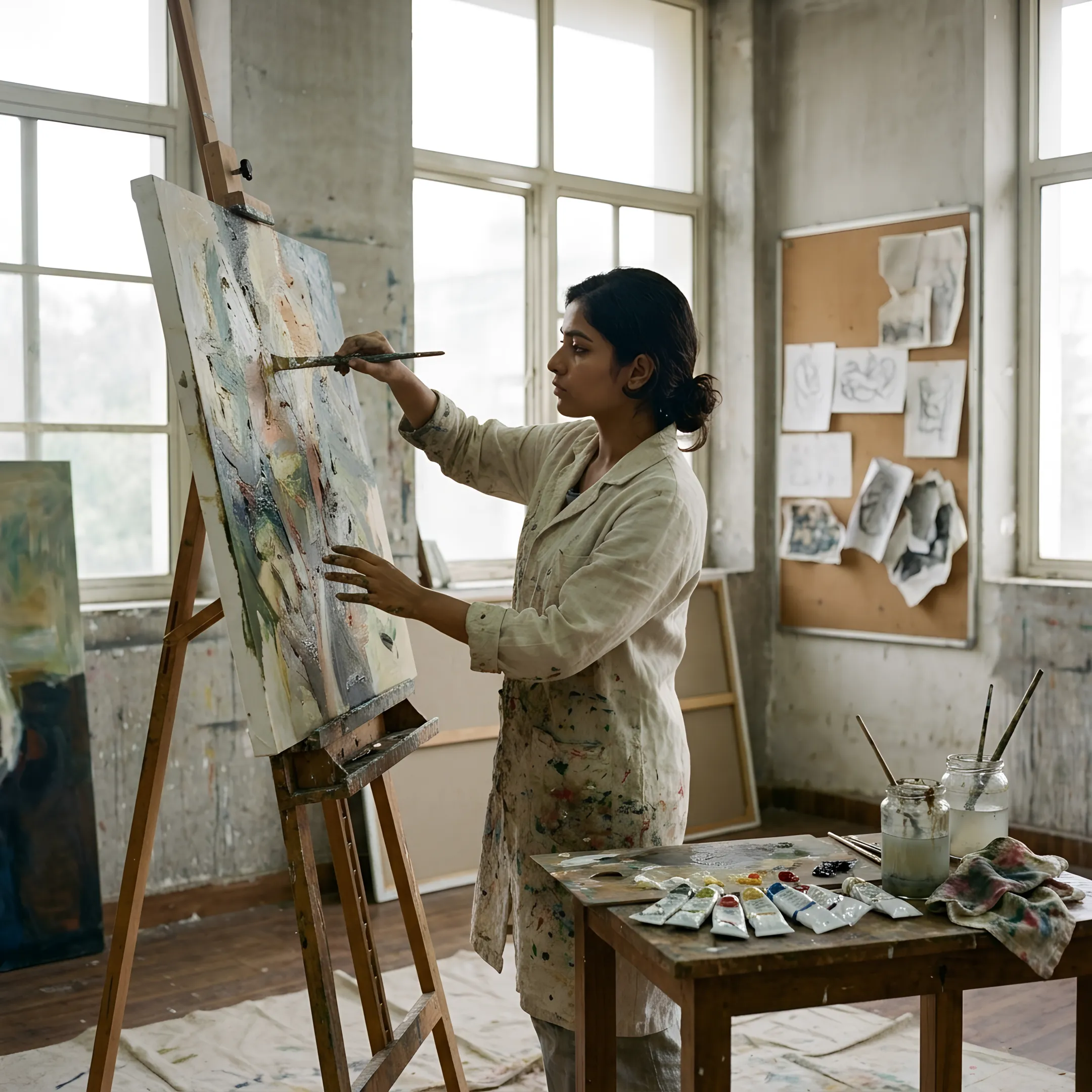 Artist developing a conceptual painting in a postgraduate studio