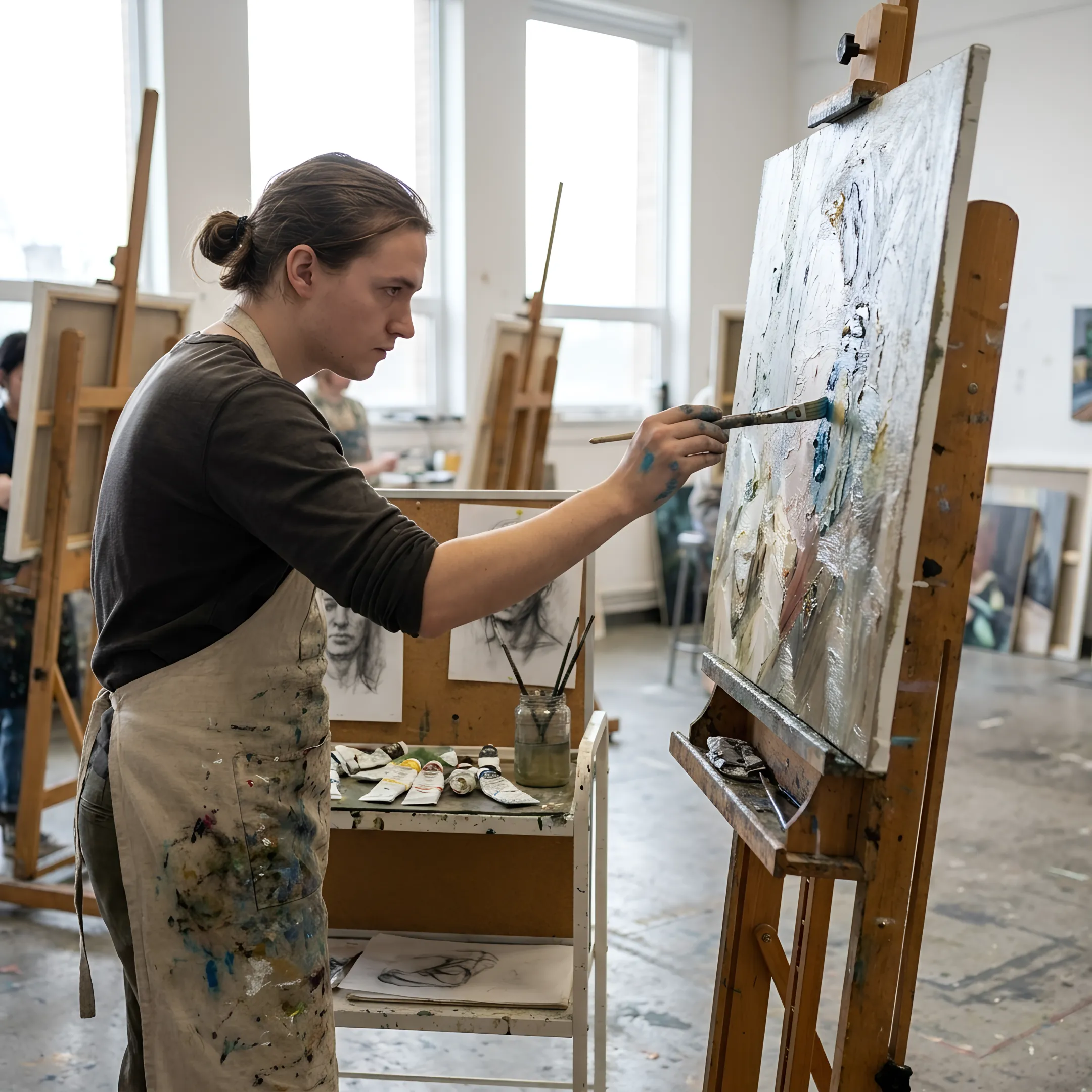 Fine arts student painting on a large canvas in a studio