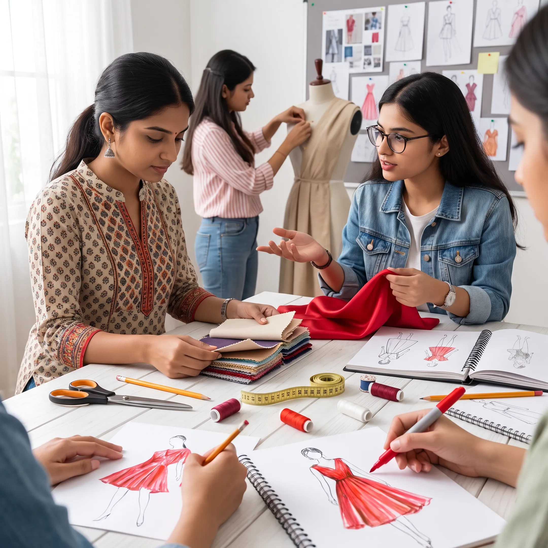 Fashion design students sketching garments and developing textile concepts in a college studio