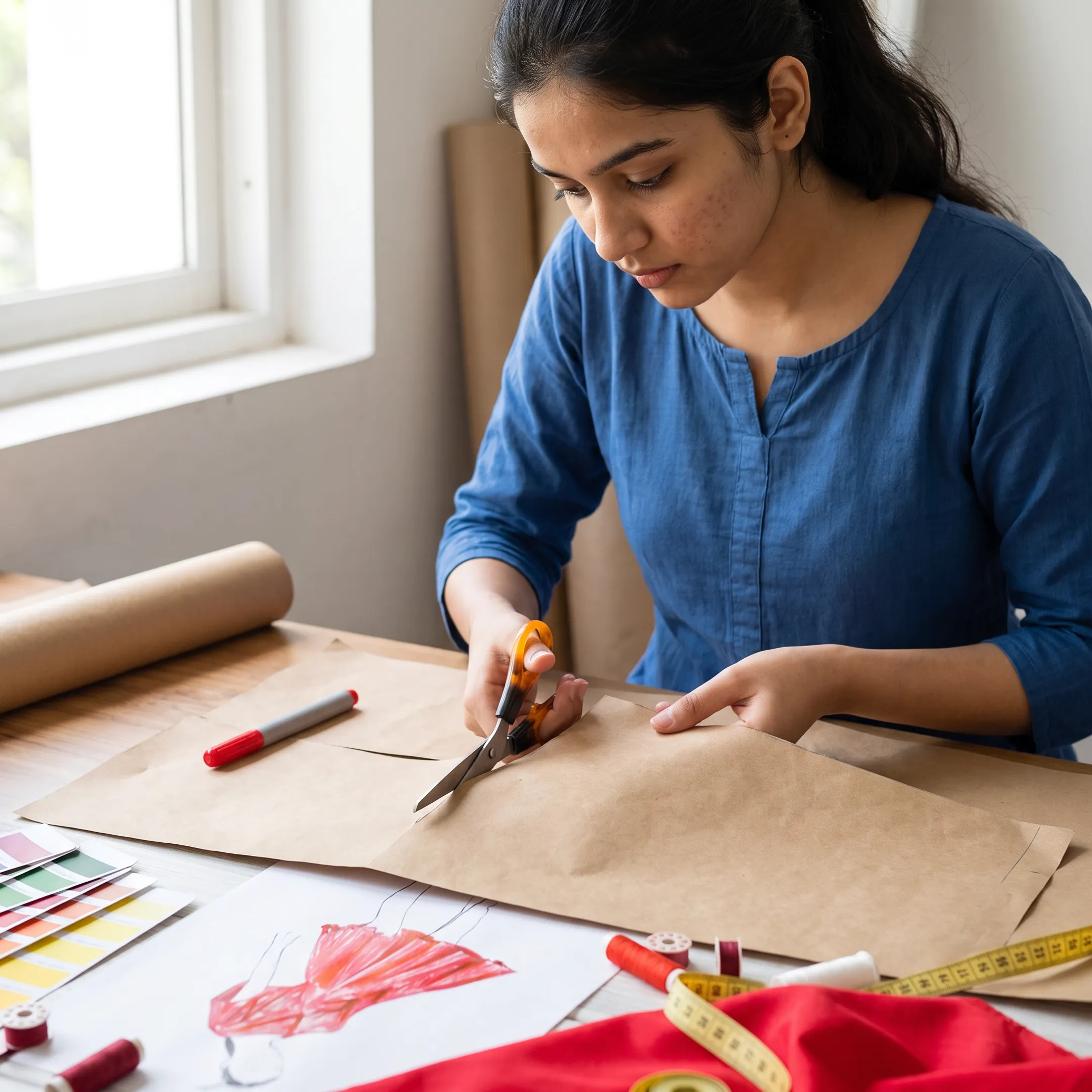 Fashion design student creating a garment pattern and textile concept at a design college