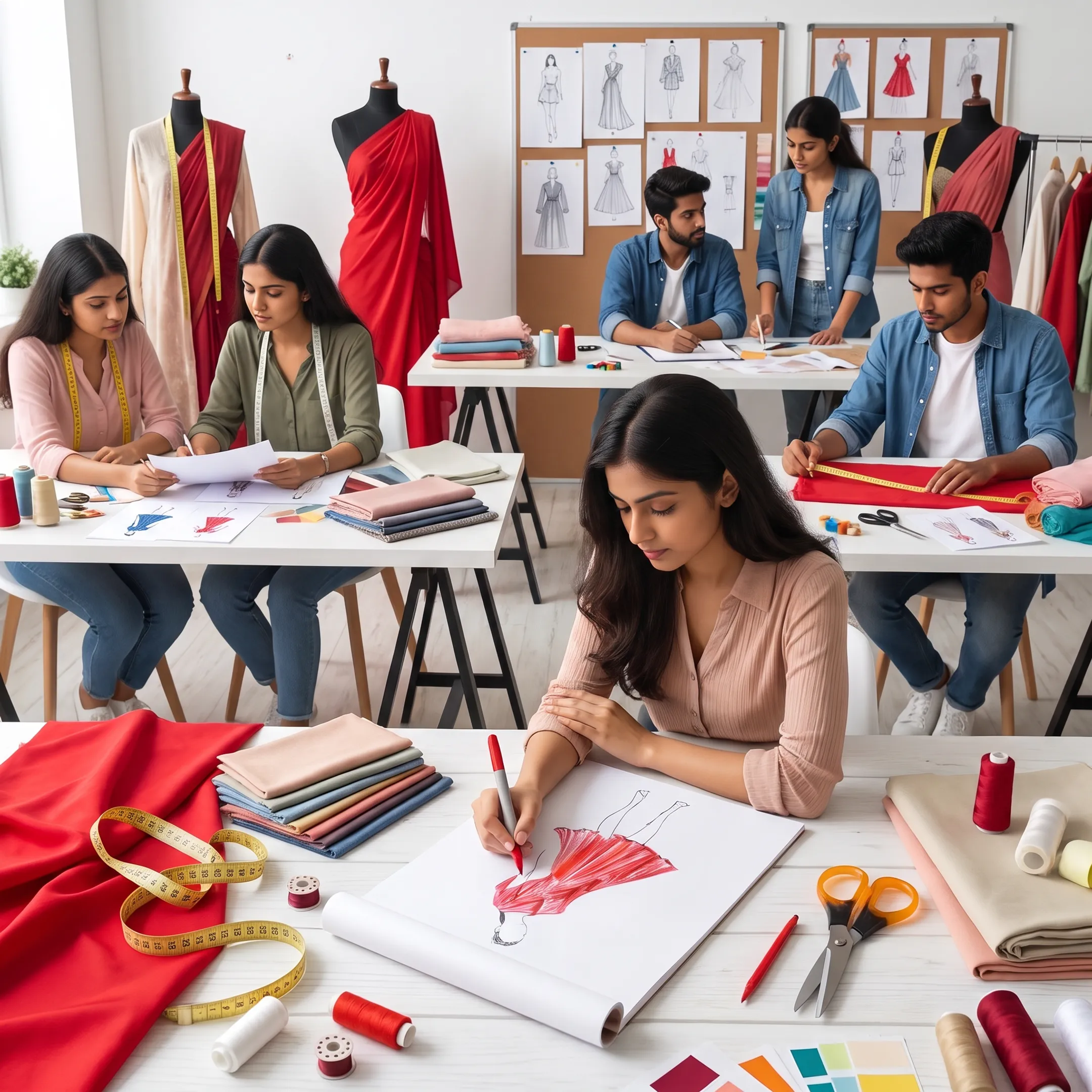 Fashion design students sketching garments and developing clothing concepts in a studio