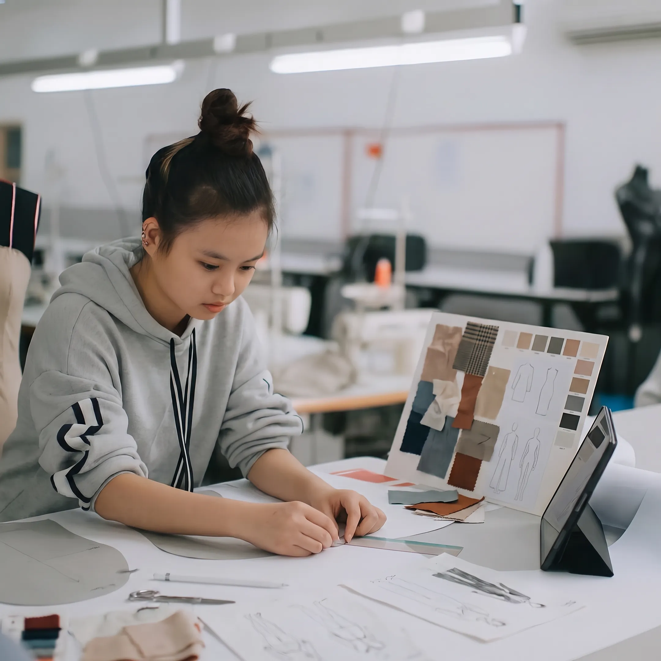 Fashion student creating a garment pattern beside fabric samples and design sketches
