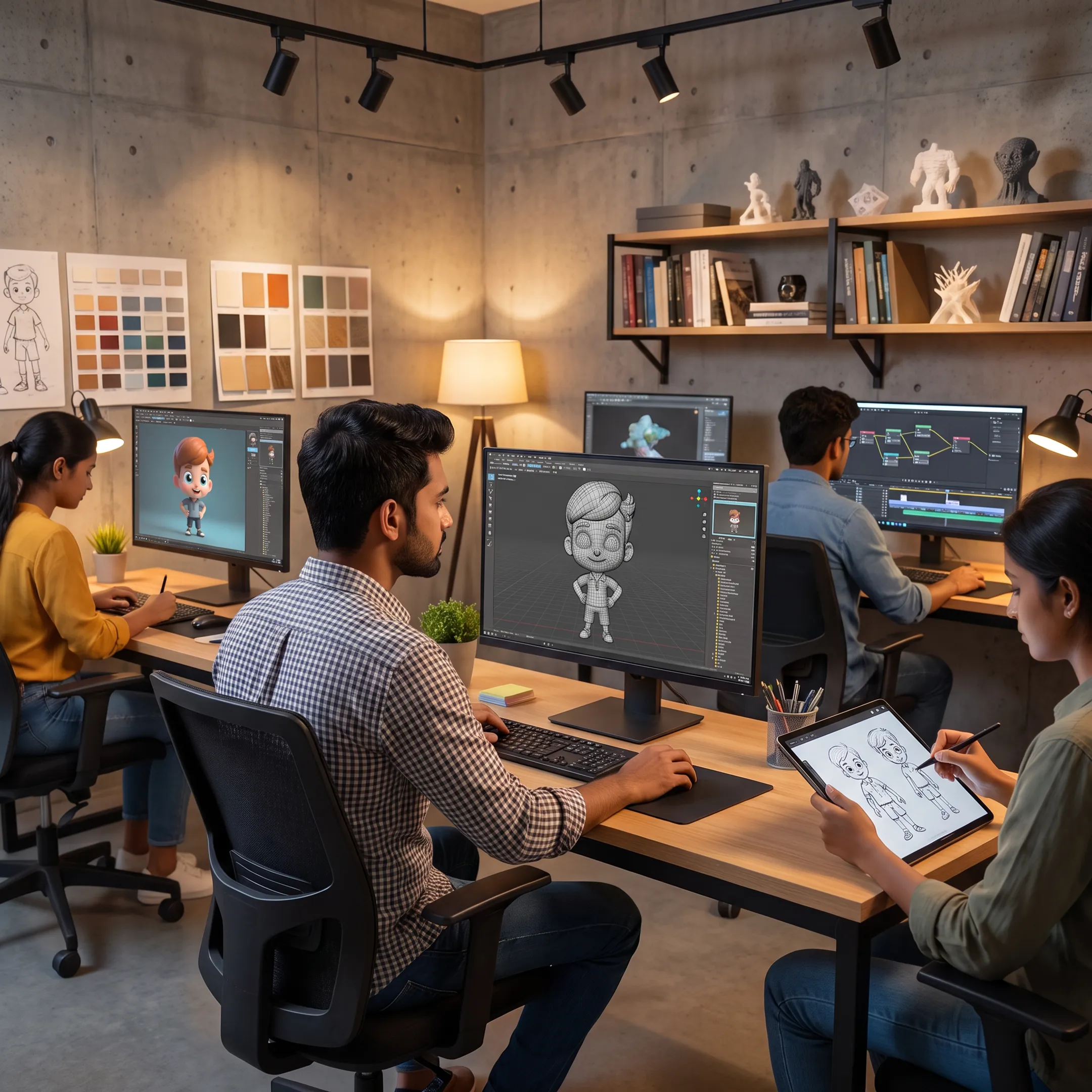 Animation and VFX students working in a creative college studio