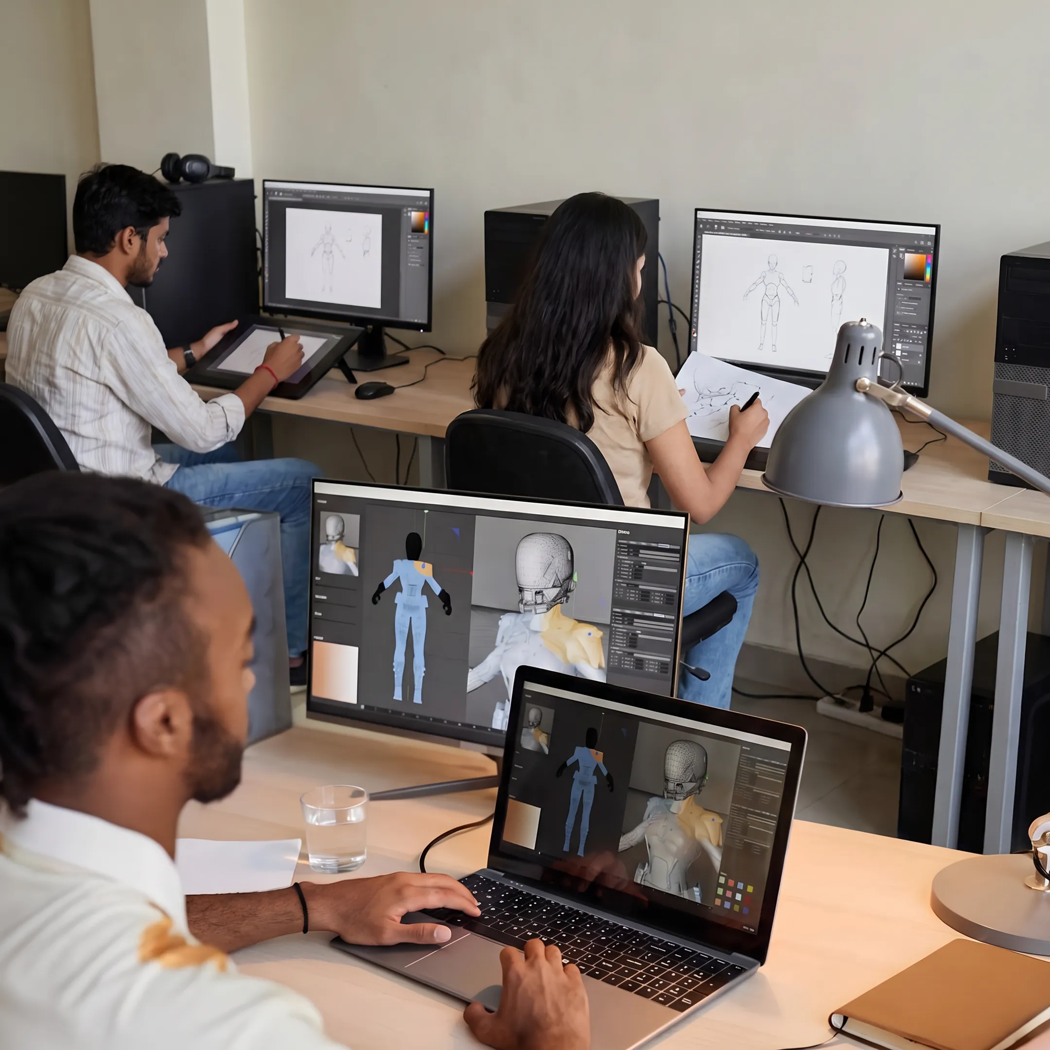 Animation and game design students developing creative projects in a college lab