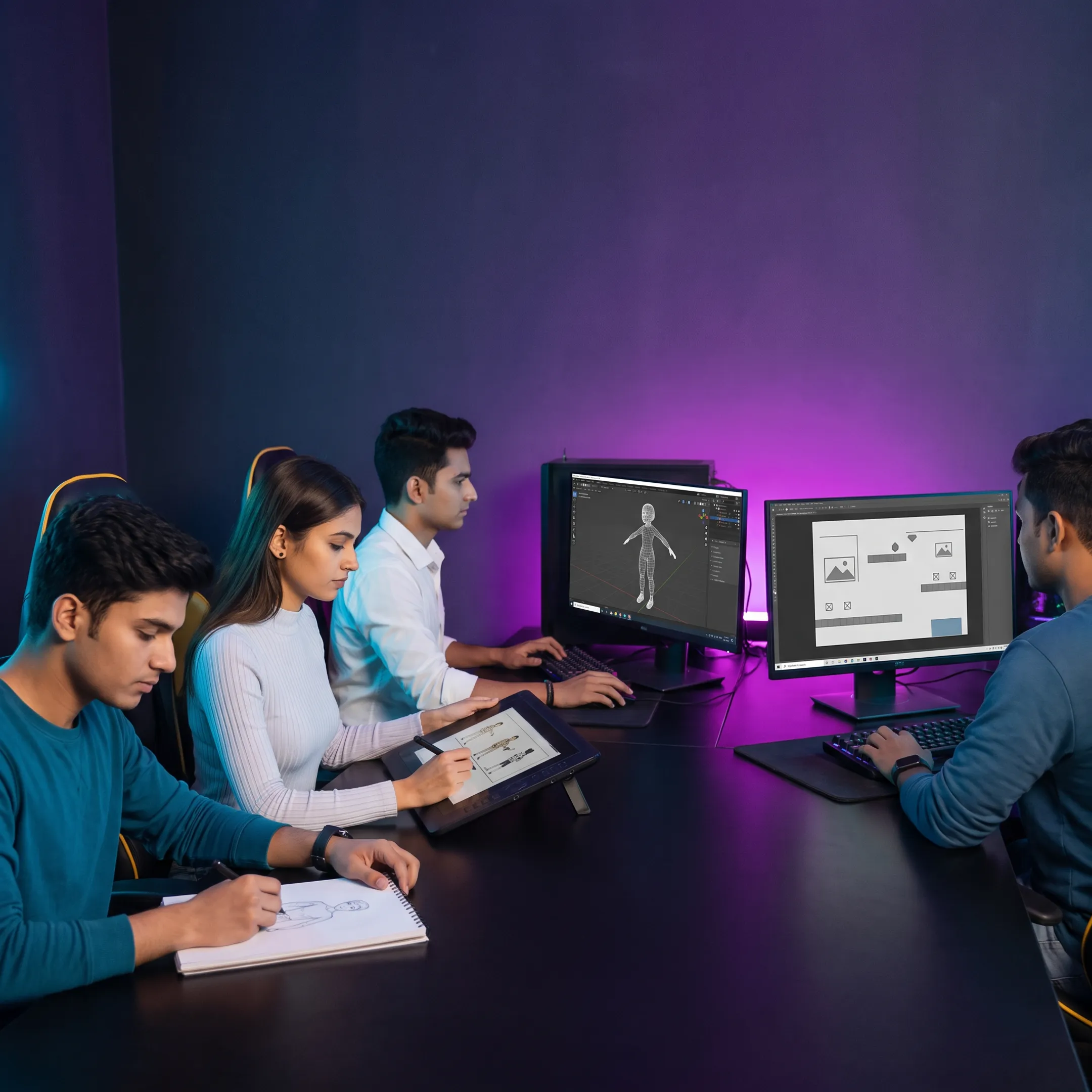 Students creating animation and game design projects in a creative college studio