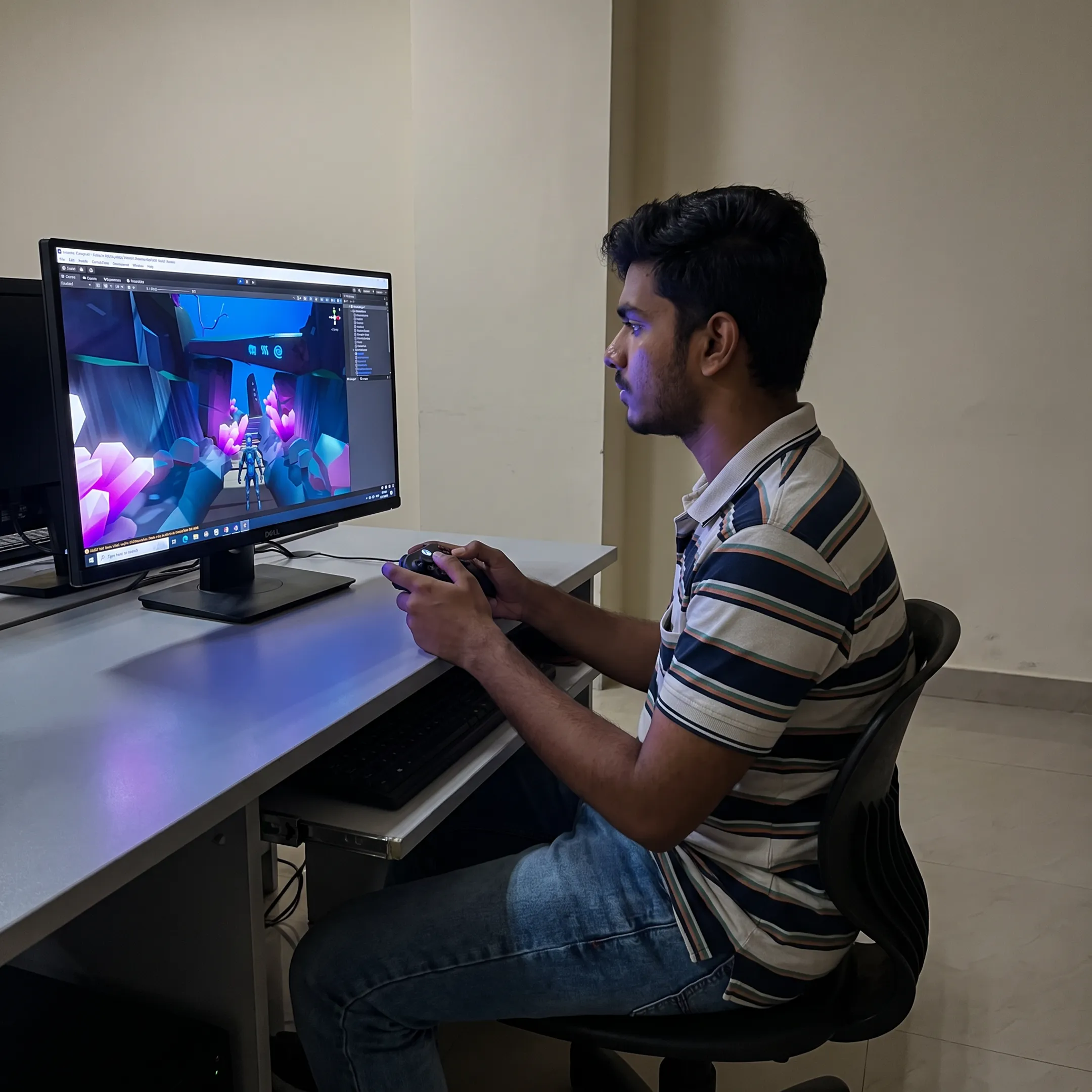Game development student creating a playable game prototype