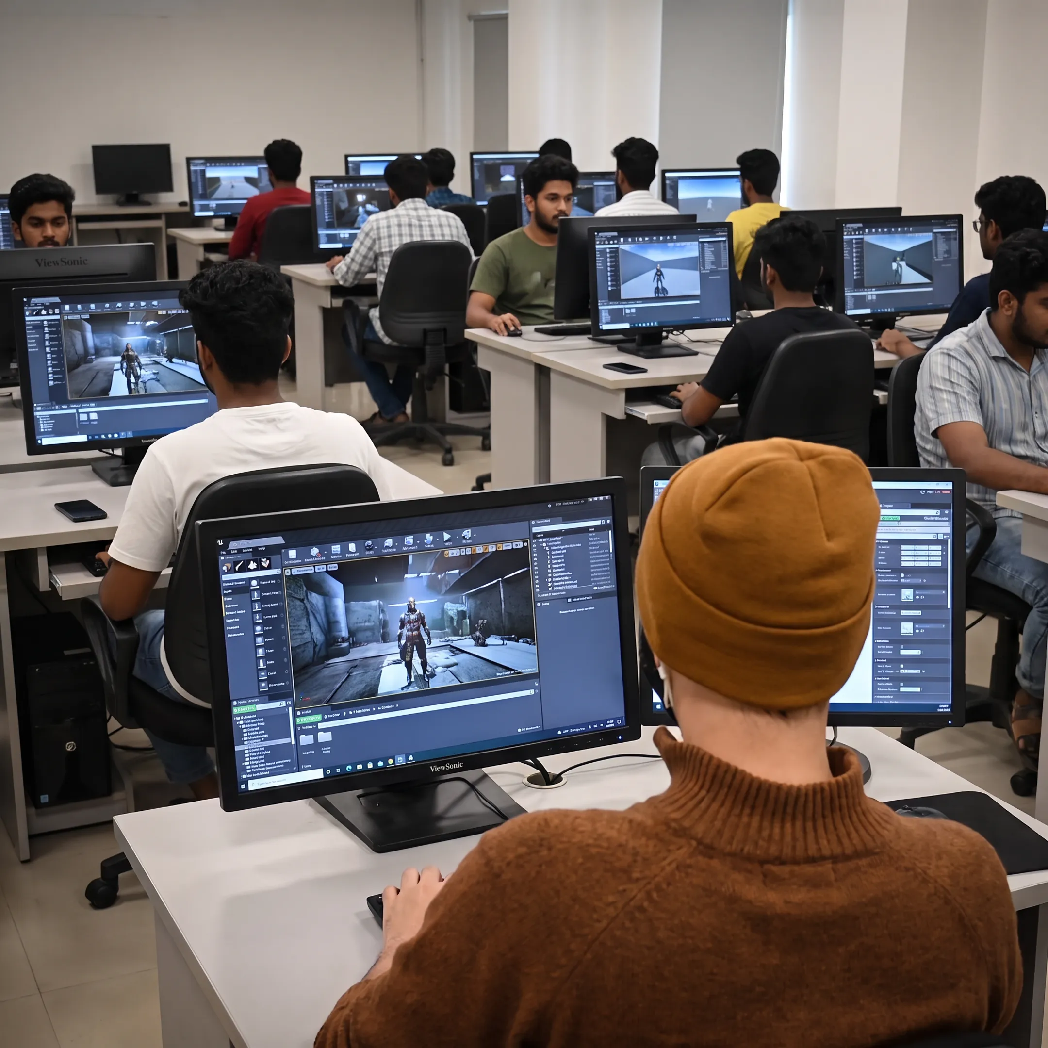 Students developing a 3D game in a computer lab with game design software