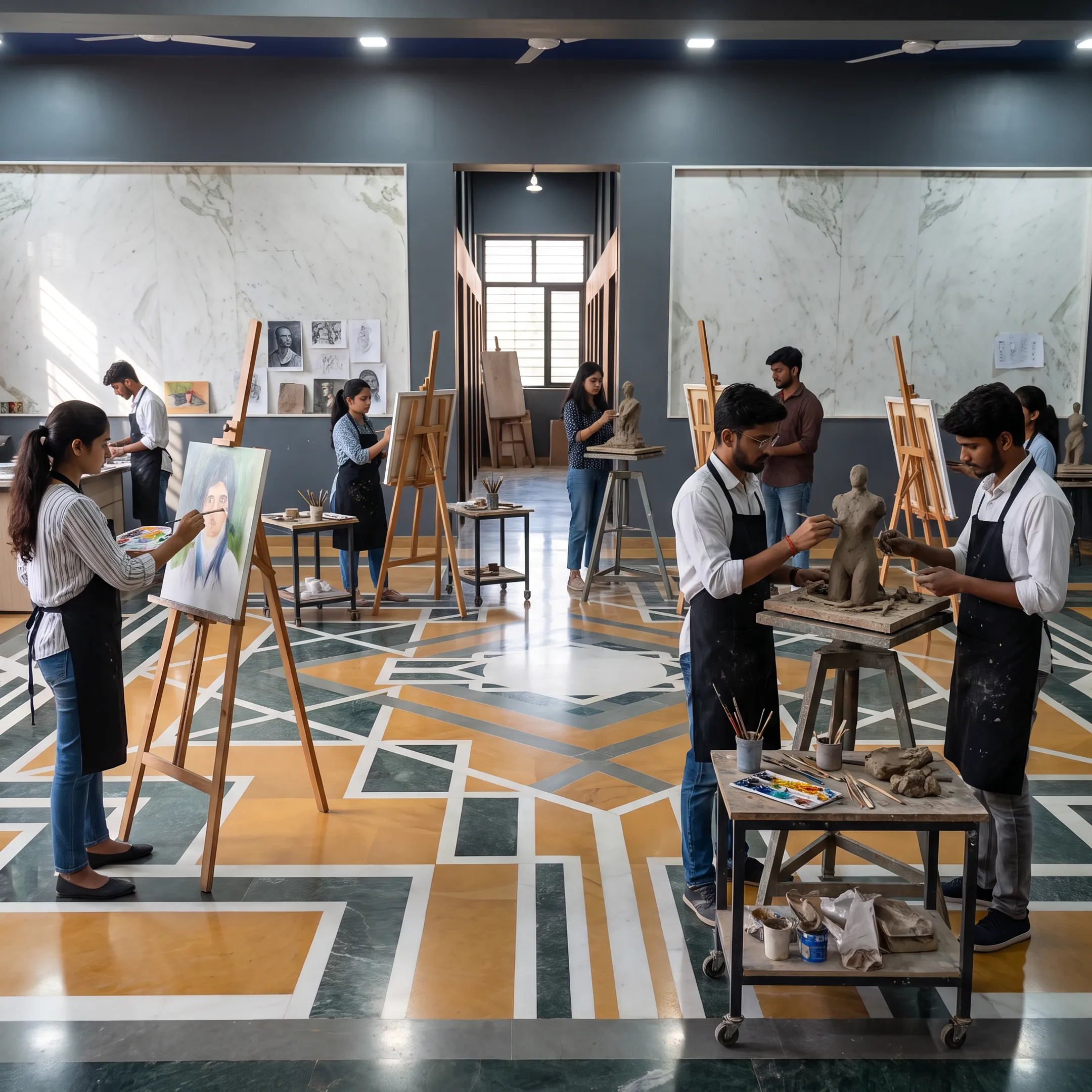 Fine arts students painting and sculpting in a bright college studio