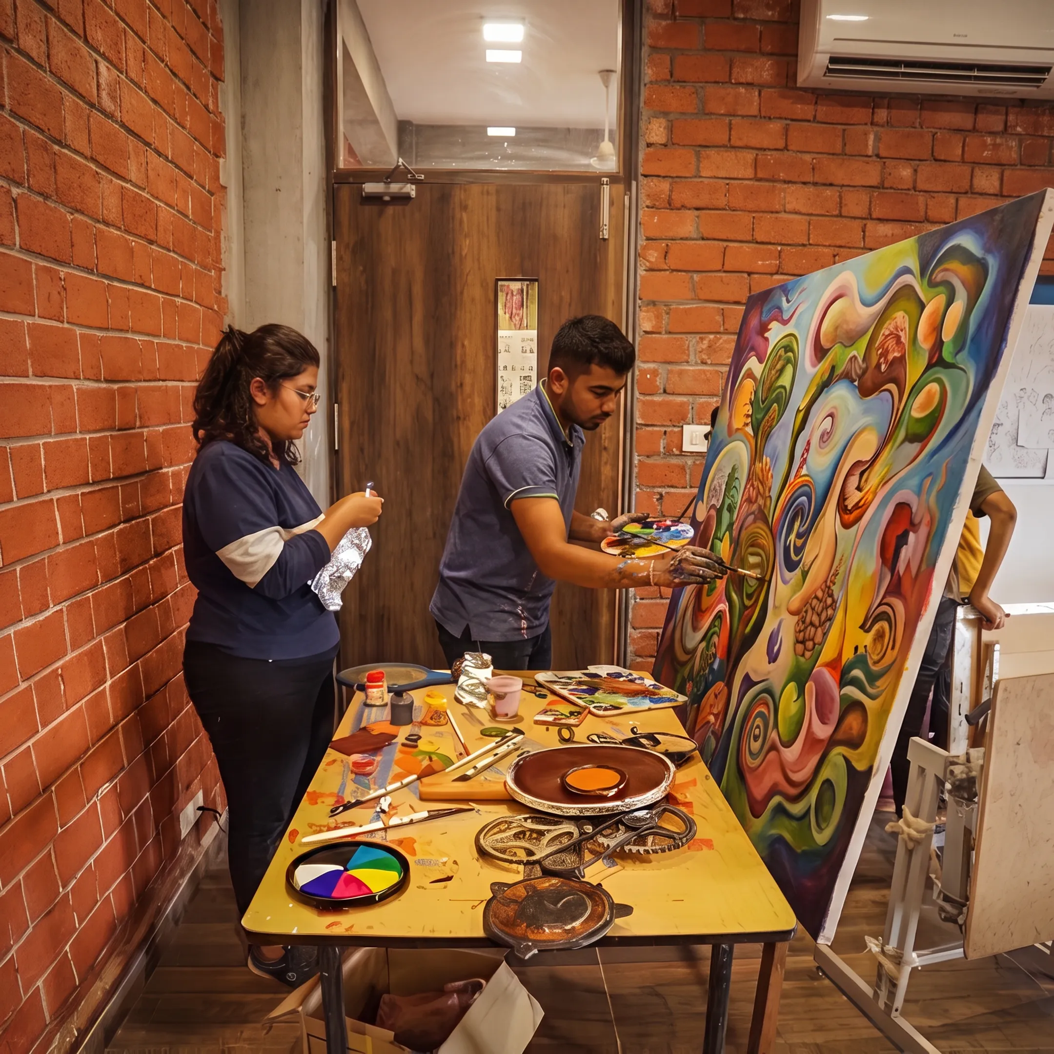 BFA art student working on a painting in an Indore college studio