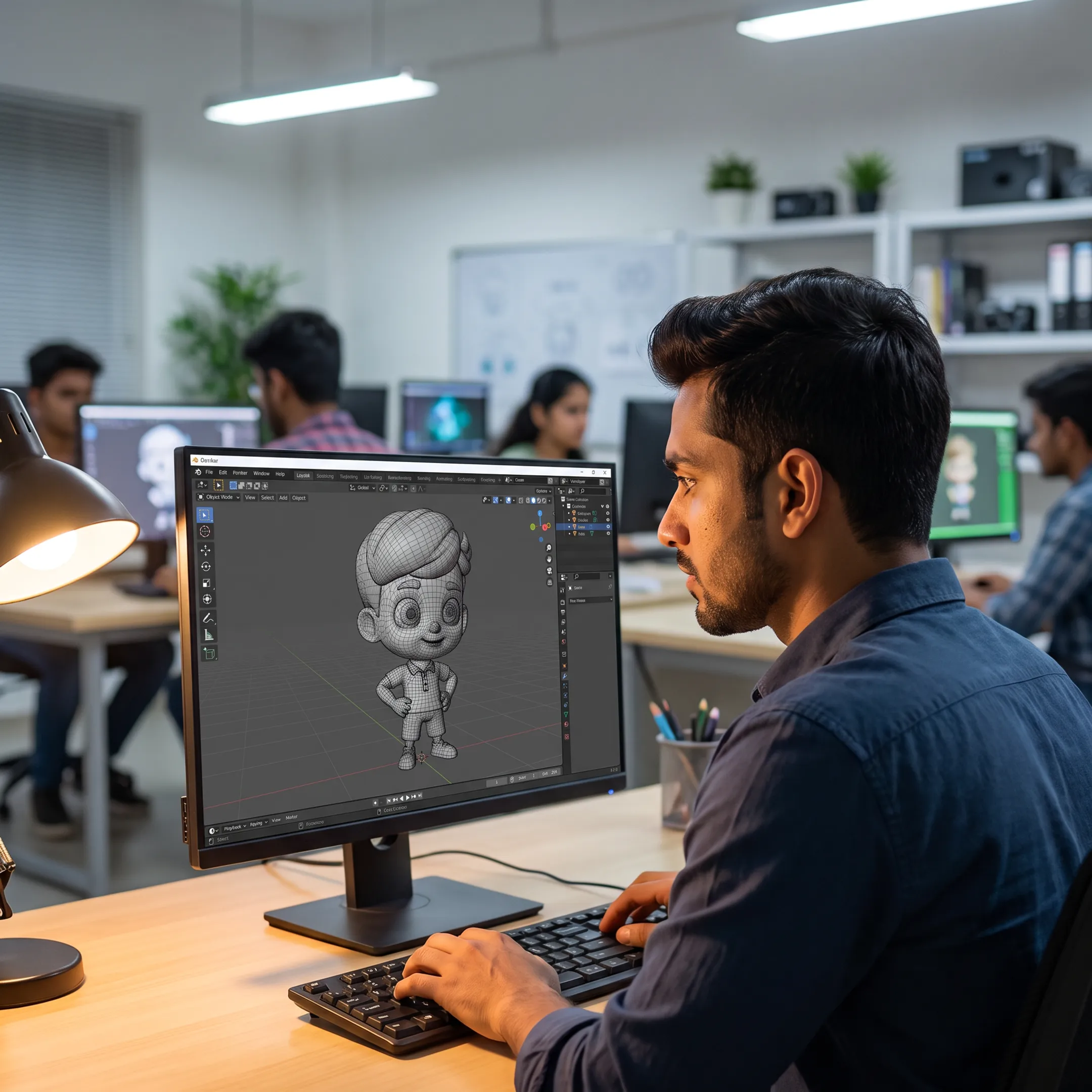 Student creating a 3D animation project using professional software