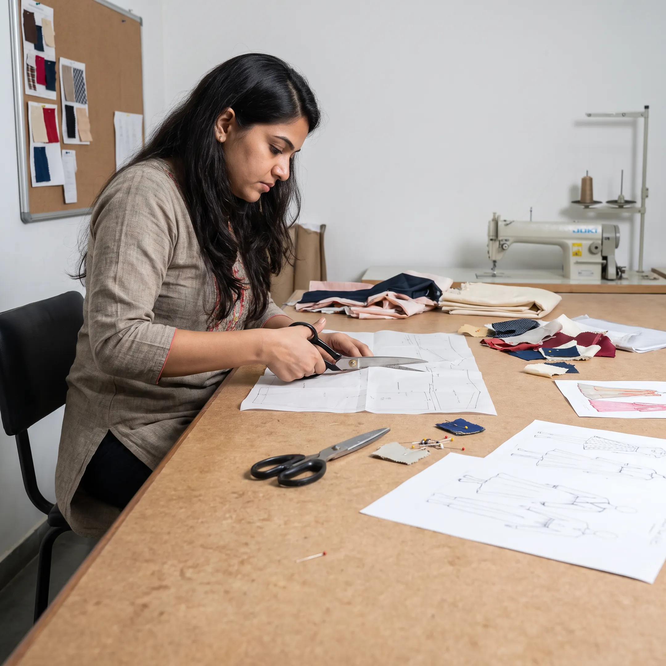 Fashion student creating a garment pattern and textile design in a college studio
