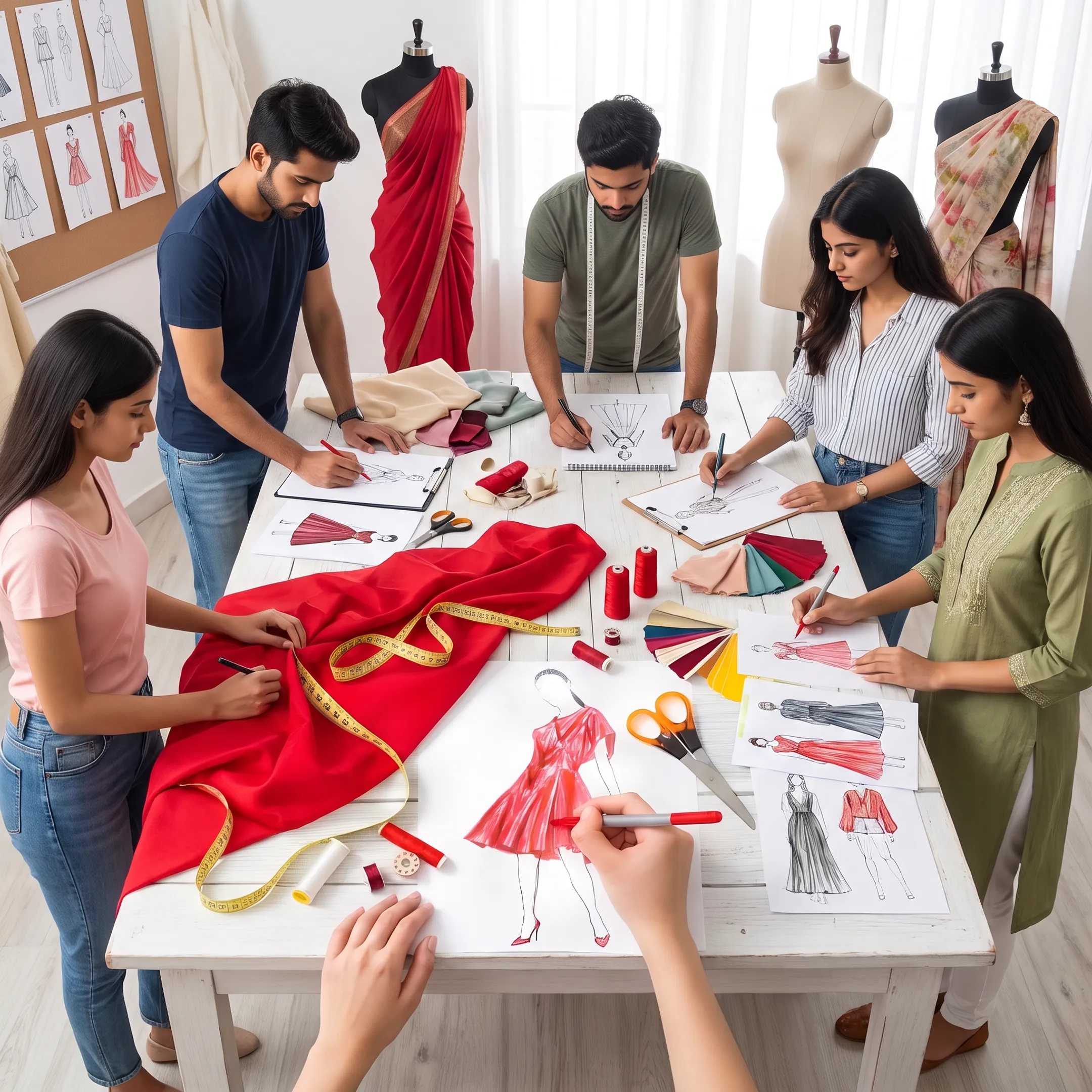 Fashion design students sketching garments and developing textile ideas in a creative studio