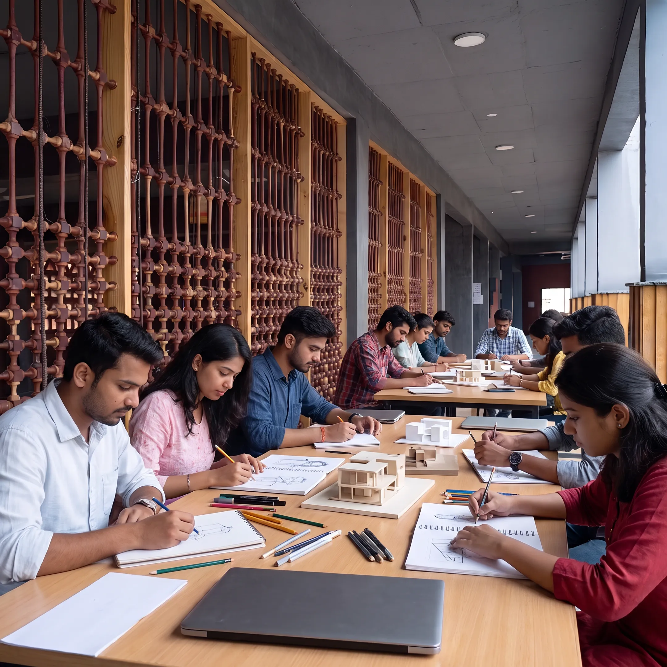 Students developing design projects in a creative college studio