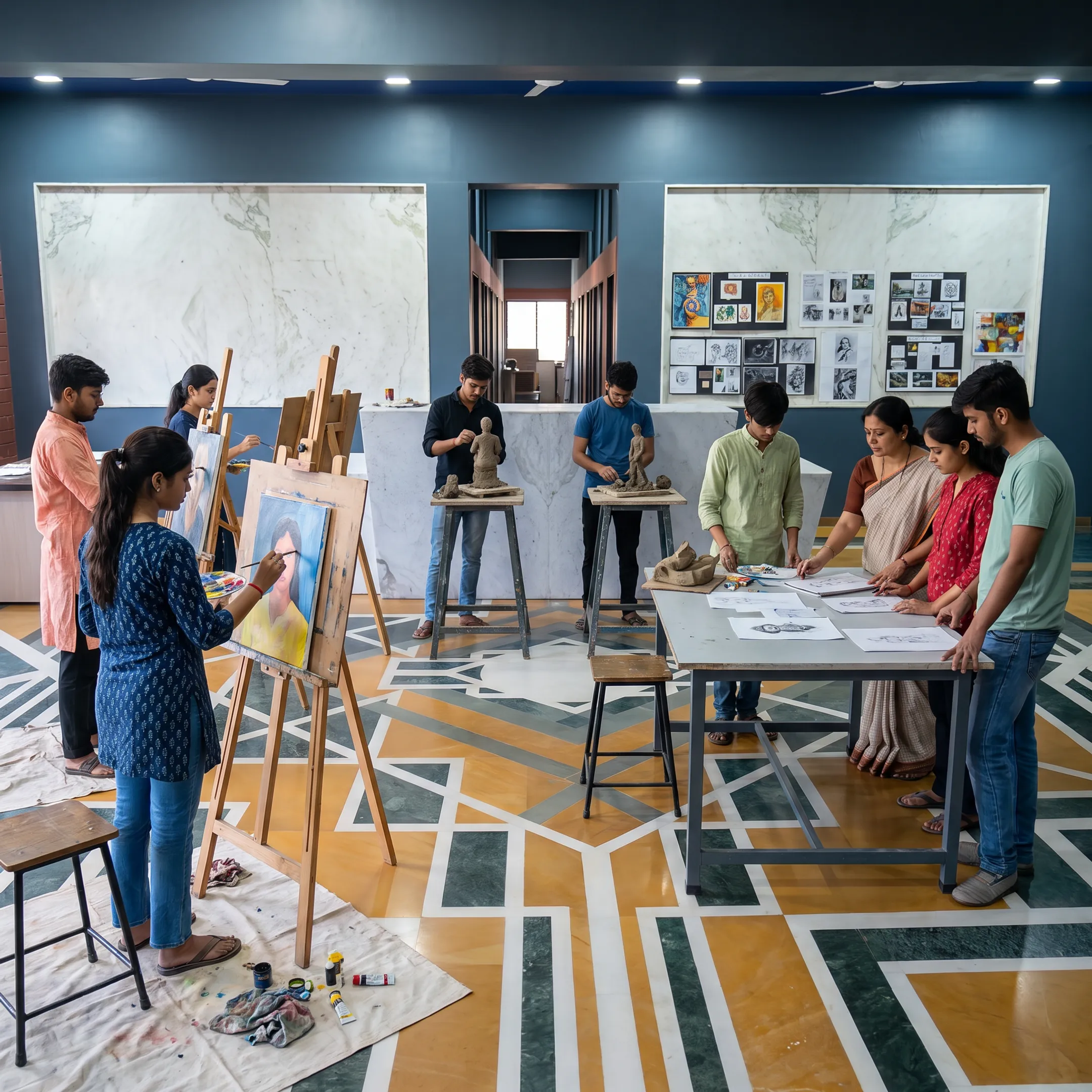 Fine arts students painting and sculpting in a college studio