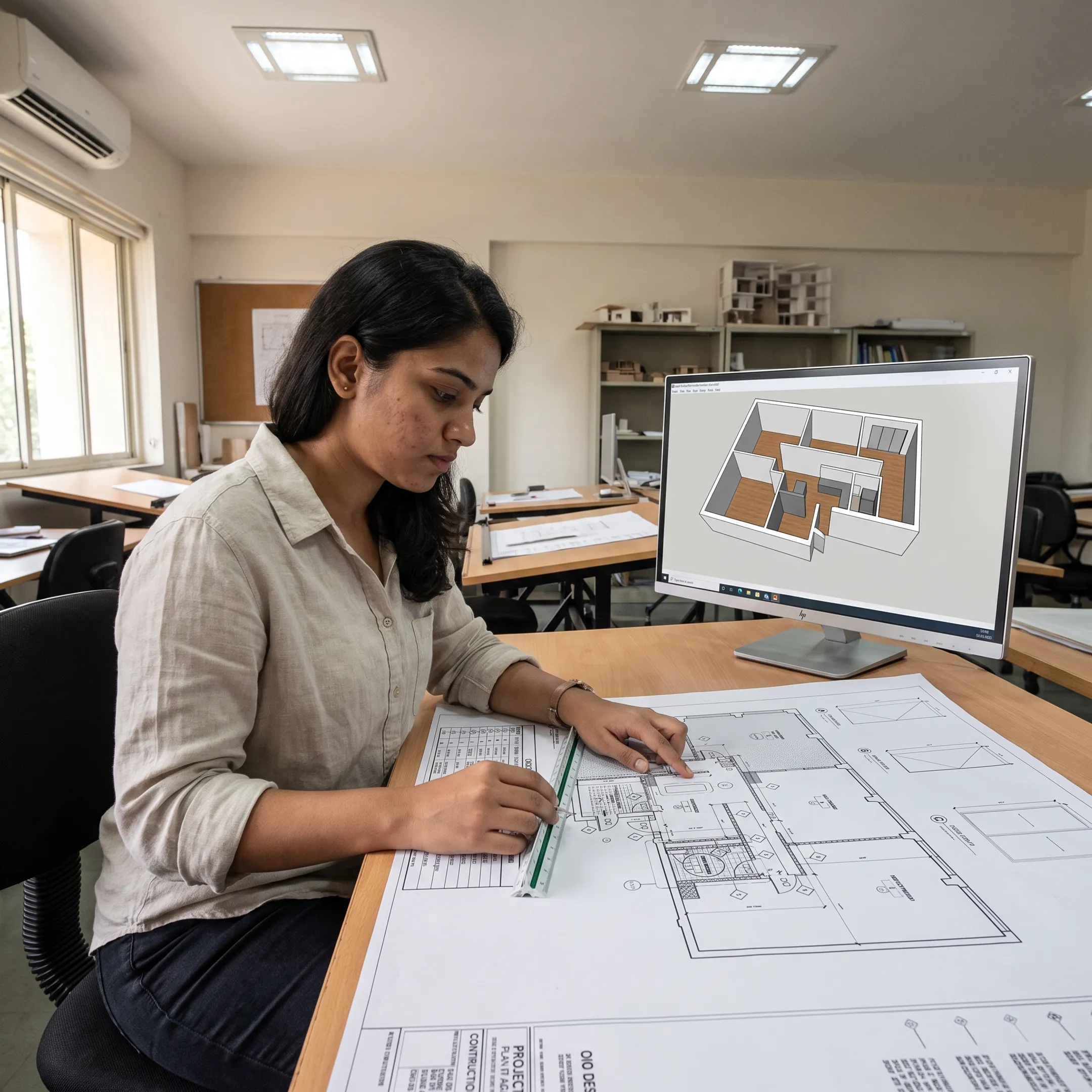 Interior design student creating a detailed floor plan and 3D model