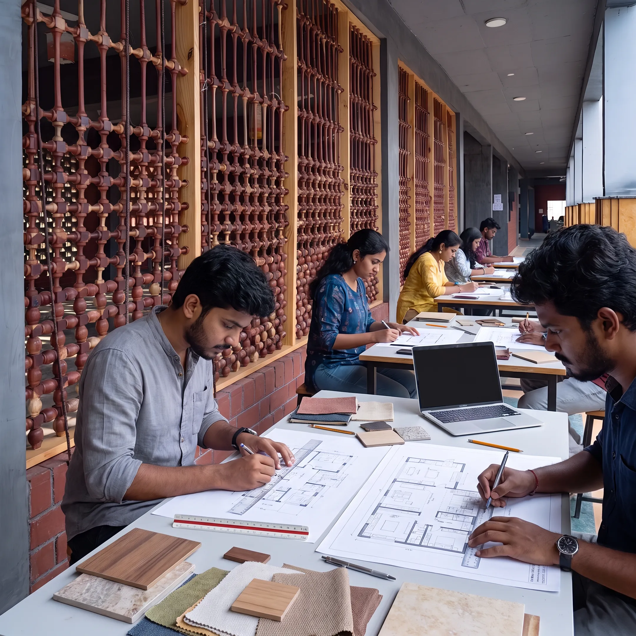 Interior design students developing space planning drawings in a design studio