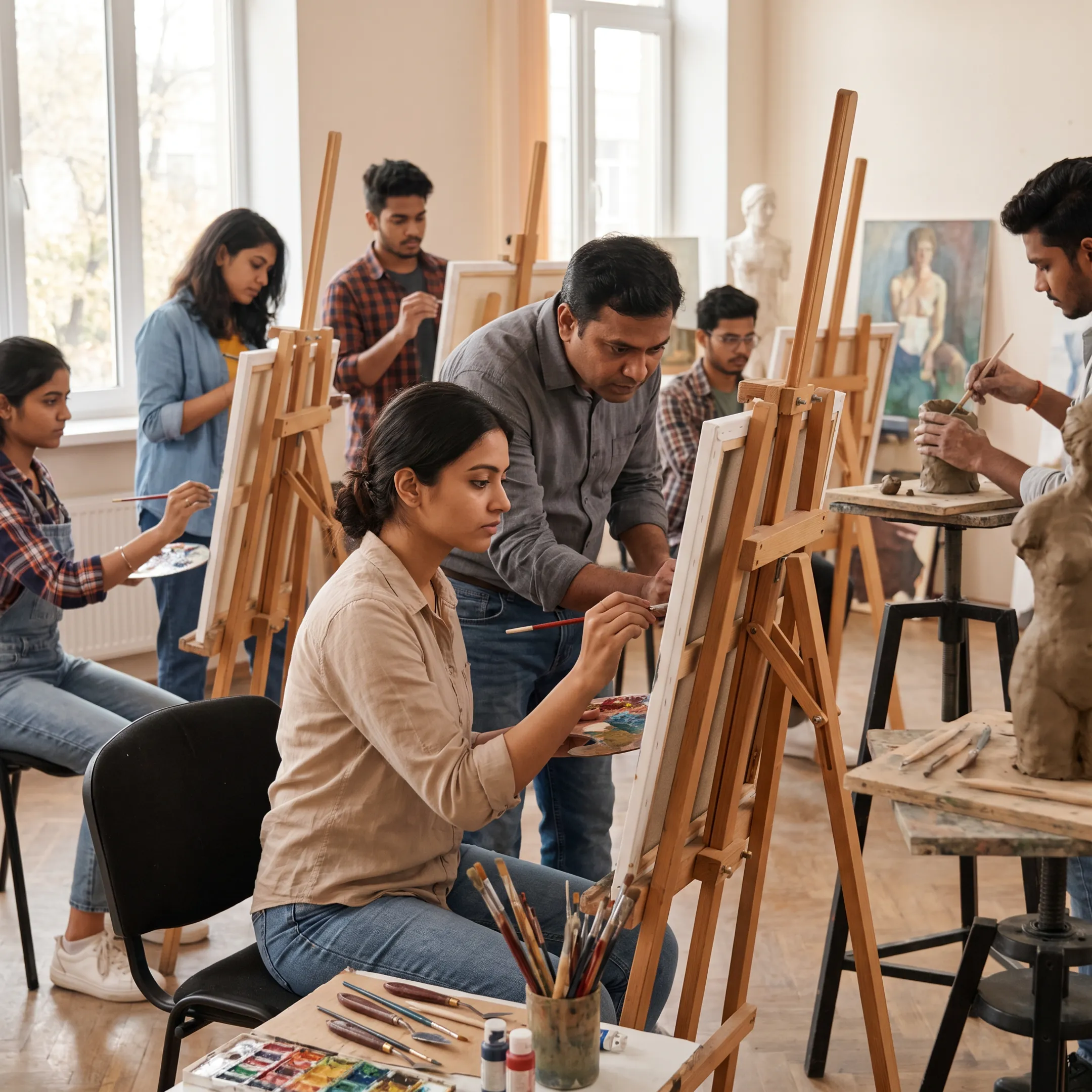 MFA students developing paintings and sculptures in an Indore art studio