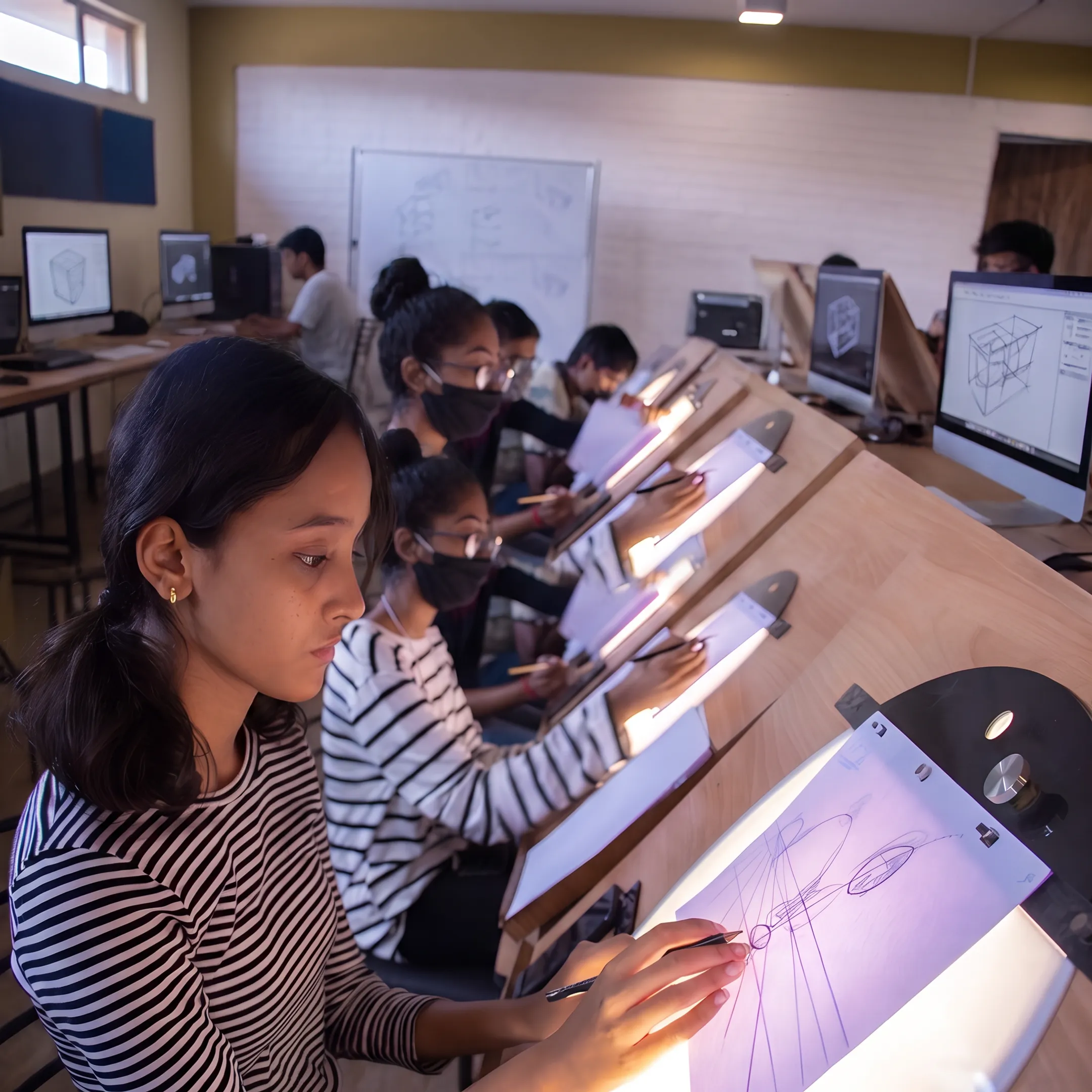 Animation students creating 2D and 3D projects in a college studio