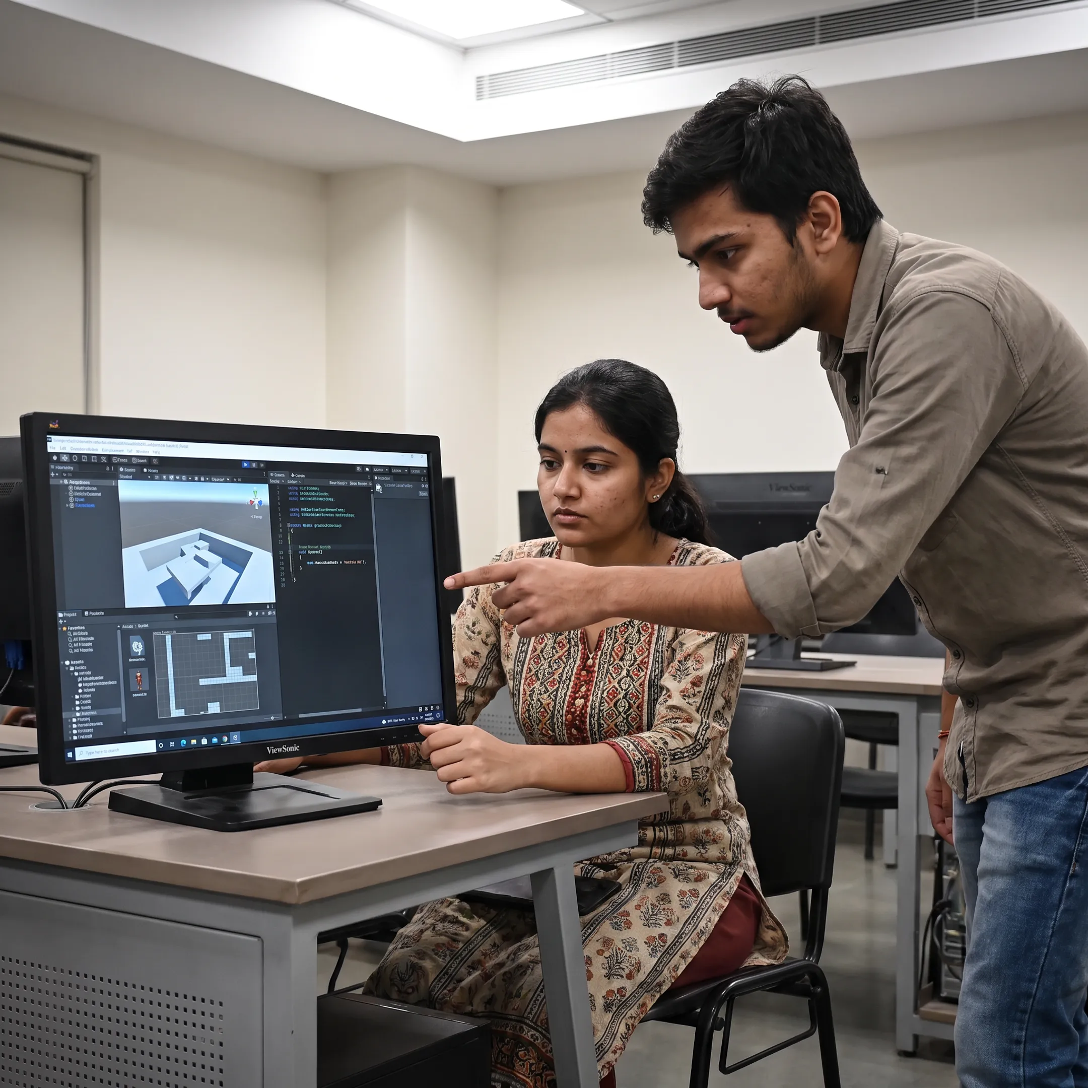 Students developing a Unity game in a college computer lab