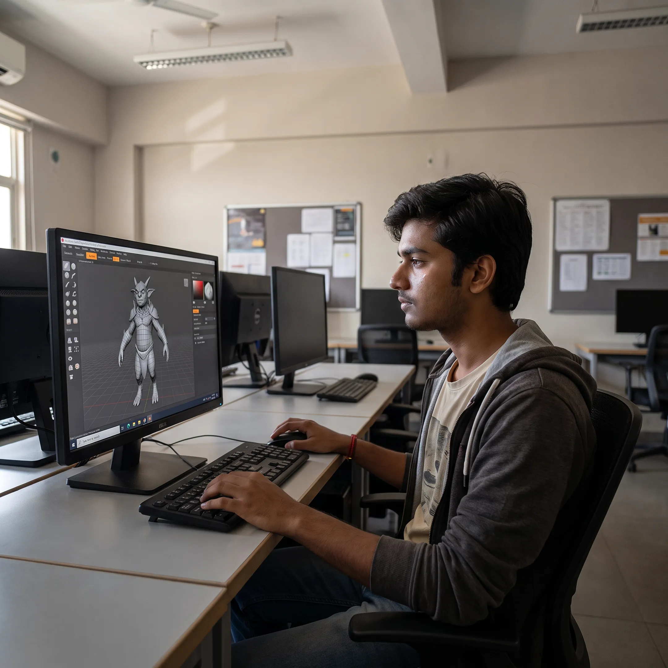 Animation student creating a character design on a digital workstation