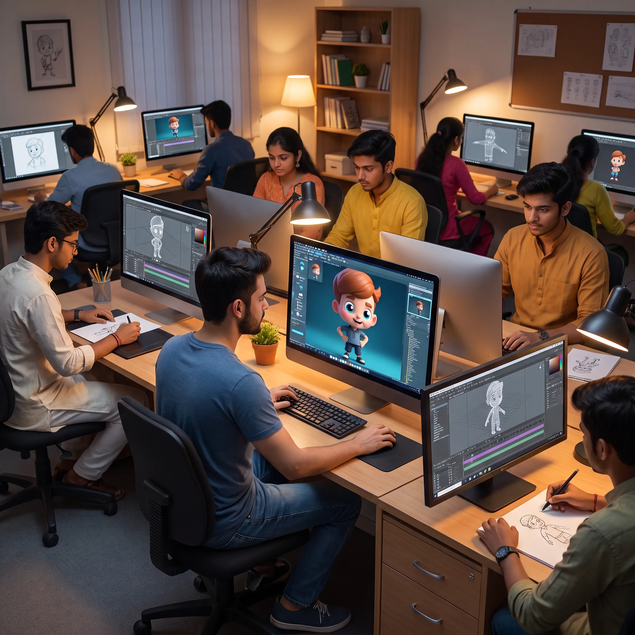 Students learning 2D and 3D animation in a creative college studio