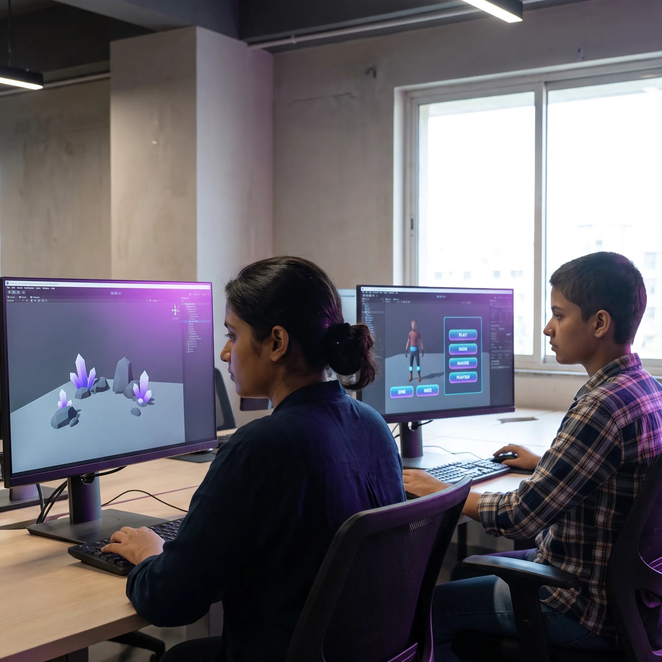 Students developing a 3D game project with Unreal Engine in a game design studio