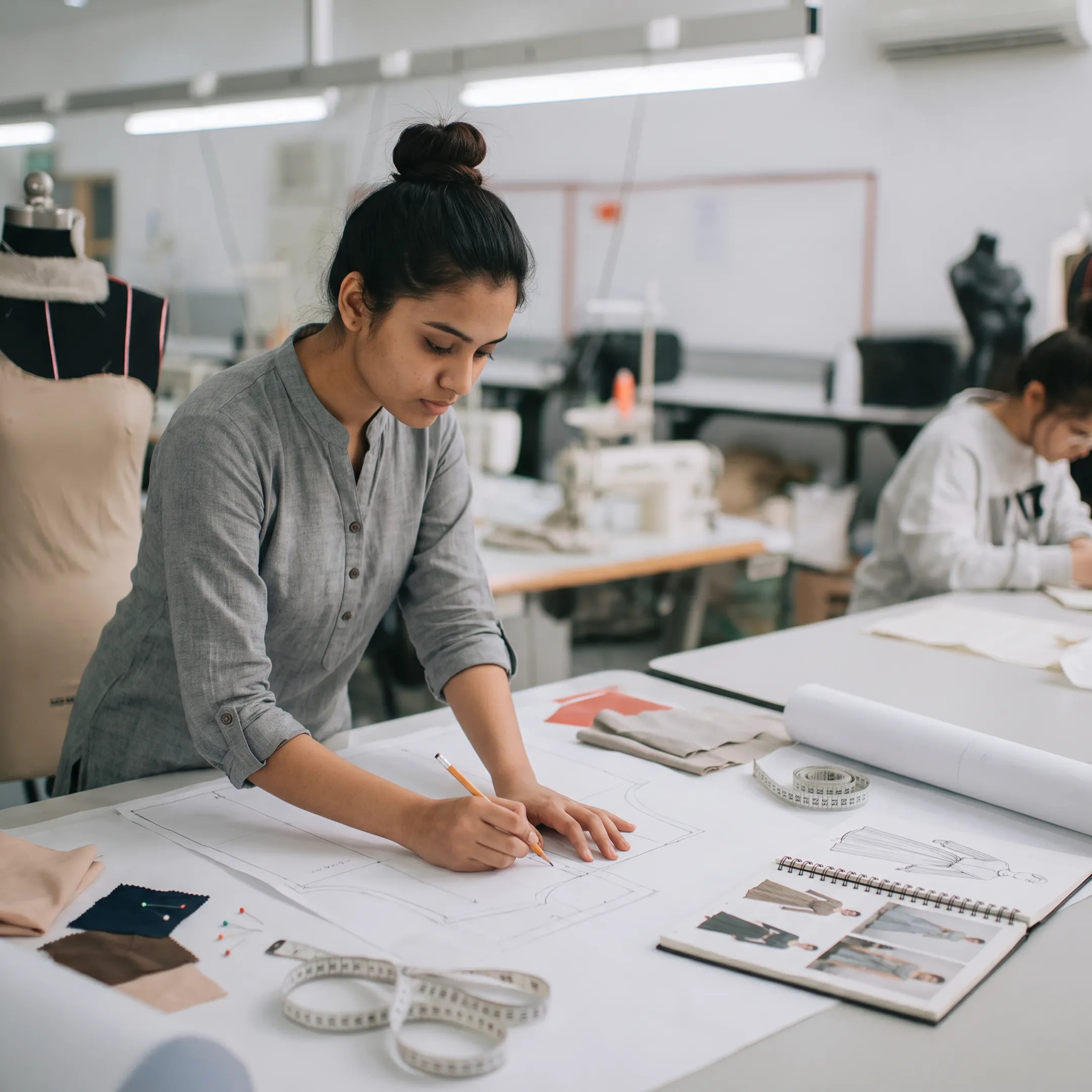 Fashion student creating a garment pattern beside fabric samples and design sketches