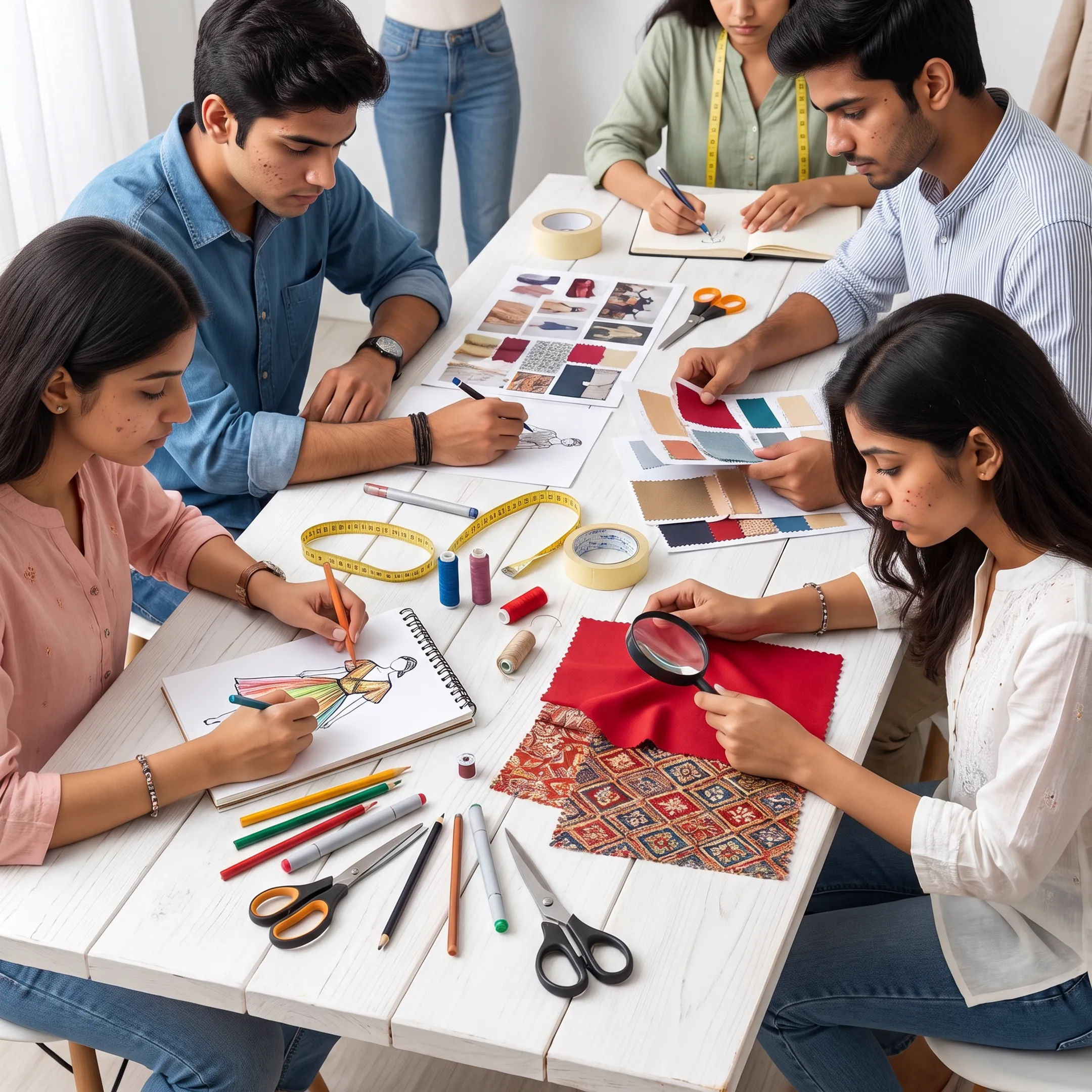 Fashion design students sketching garments and developing textile concepts in a college studio