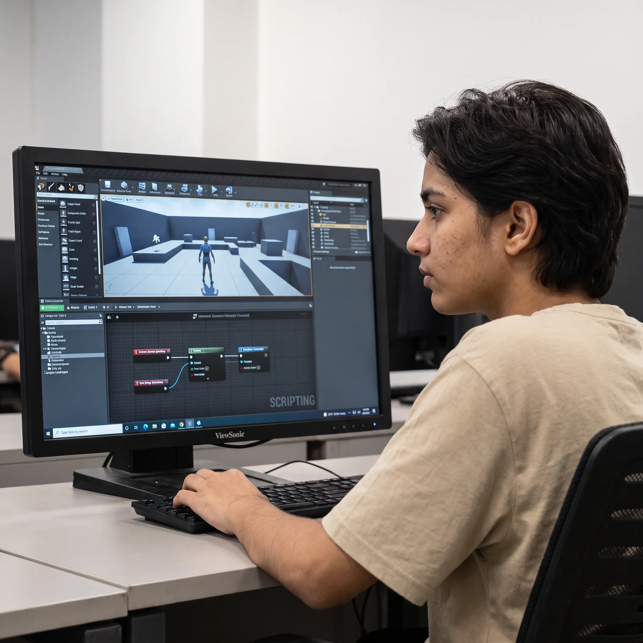 Game design student creating a playable game project