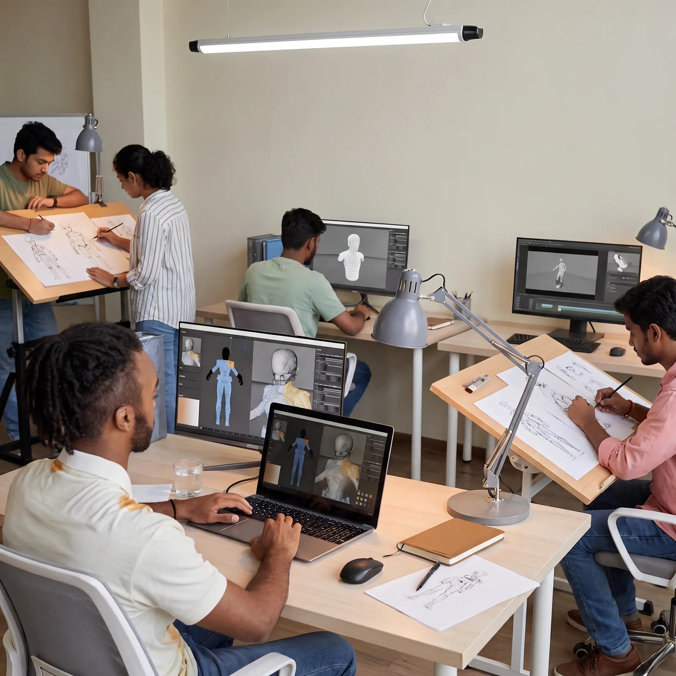 Animation and VFX students creating digital characters in a creative studio classroom